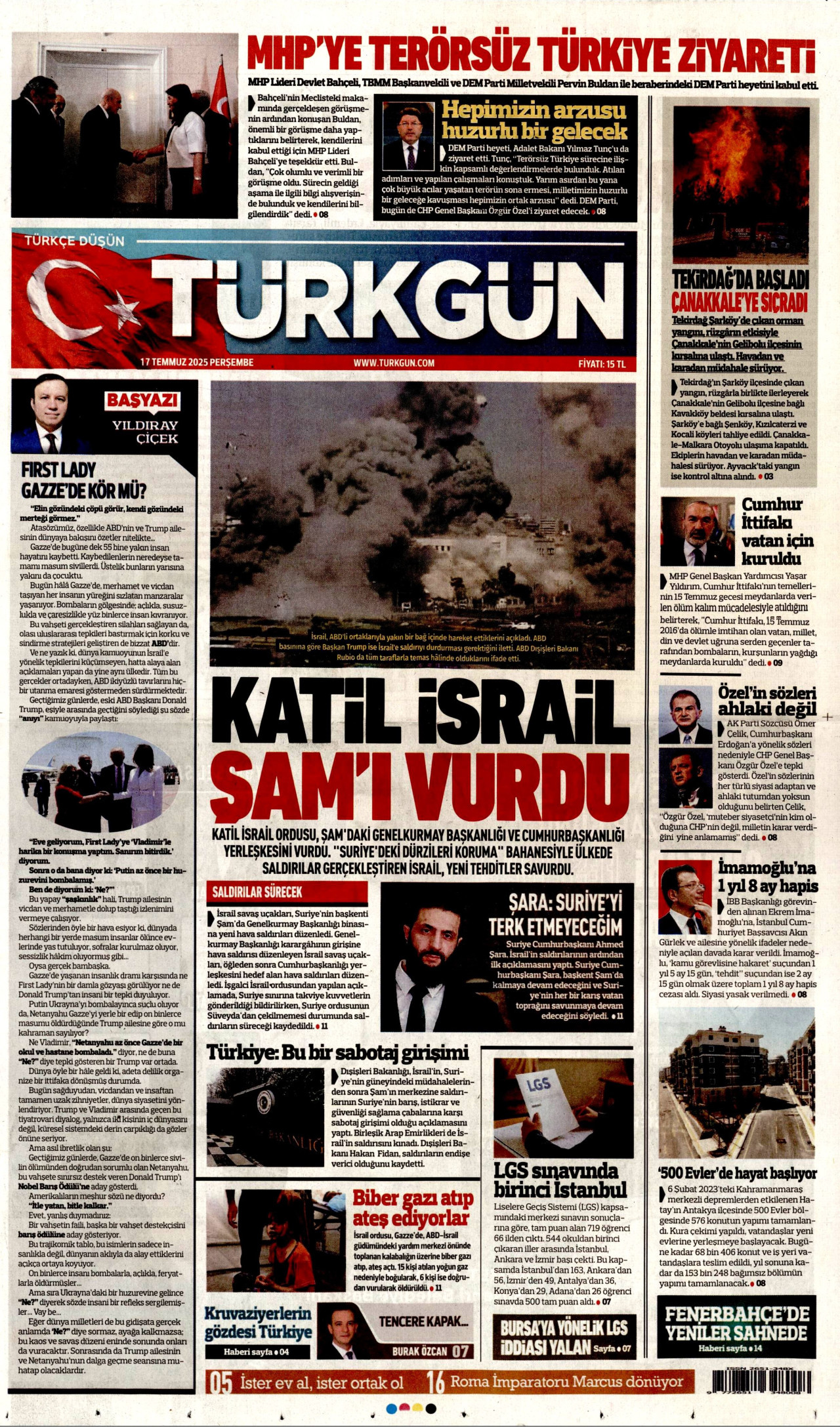 TÜRKGÜN gazetesinin 17 Temmuz 2025 tarihli birinci sayfası