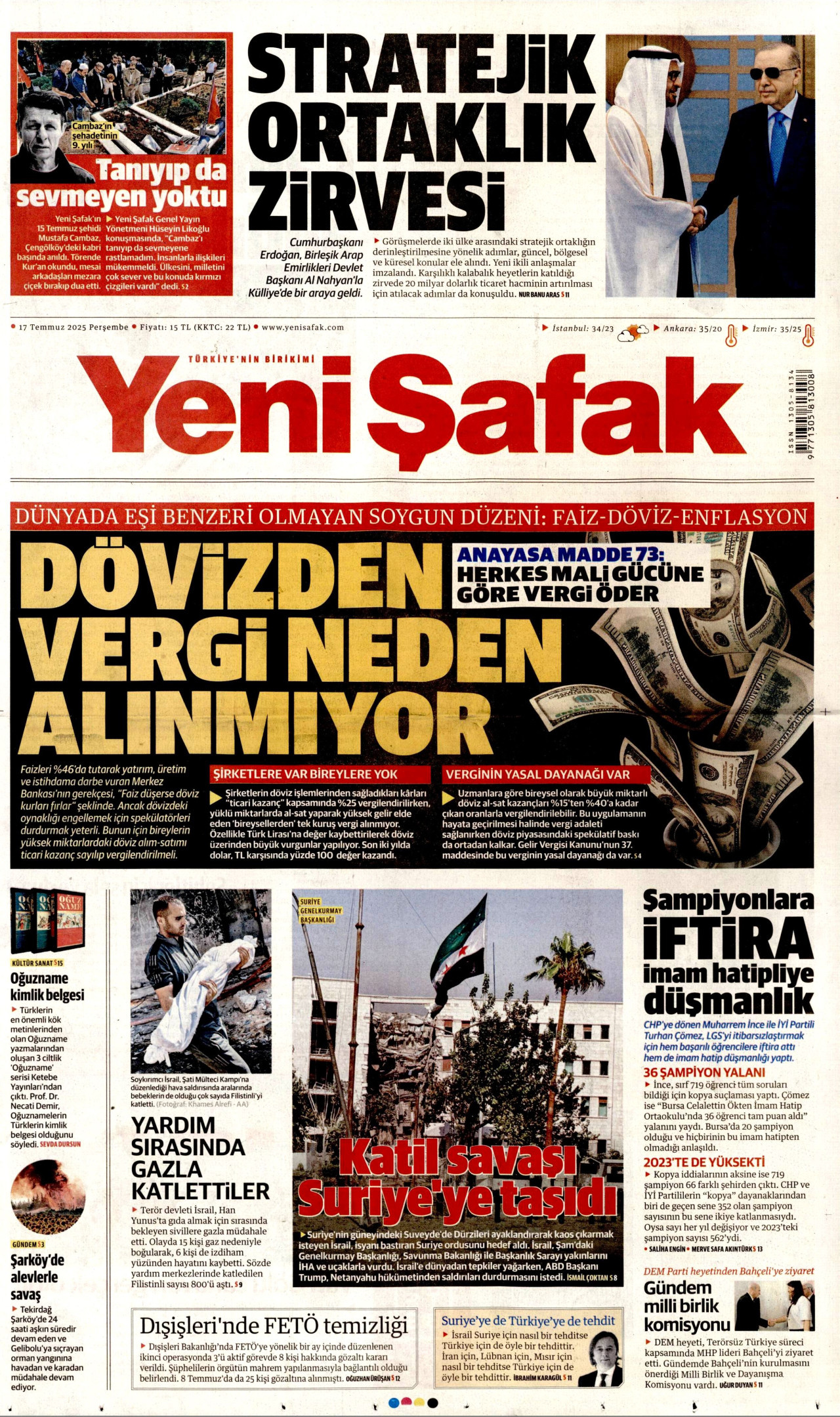 YENİ ŞAFAK gazetesinin 17 Temmuz 2025 tarihli birinci sayfası