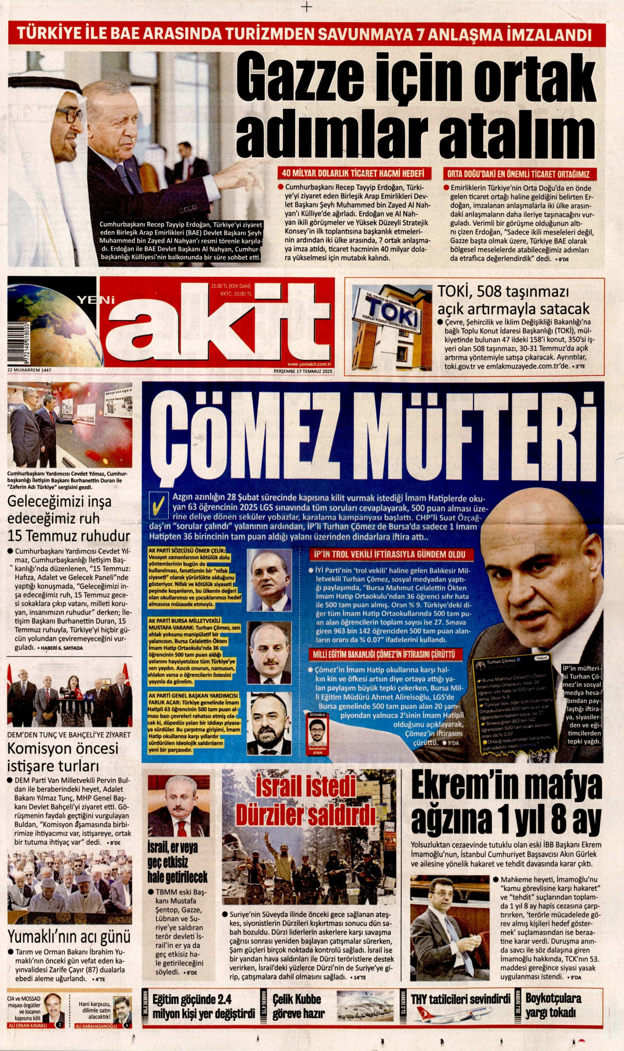 YENİ AKİT gazetesinin 17 Temmuz 2025 tarihli birinci sayfası
