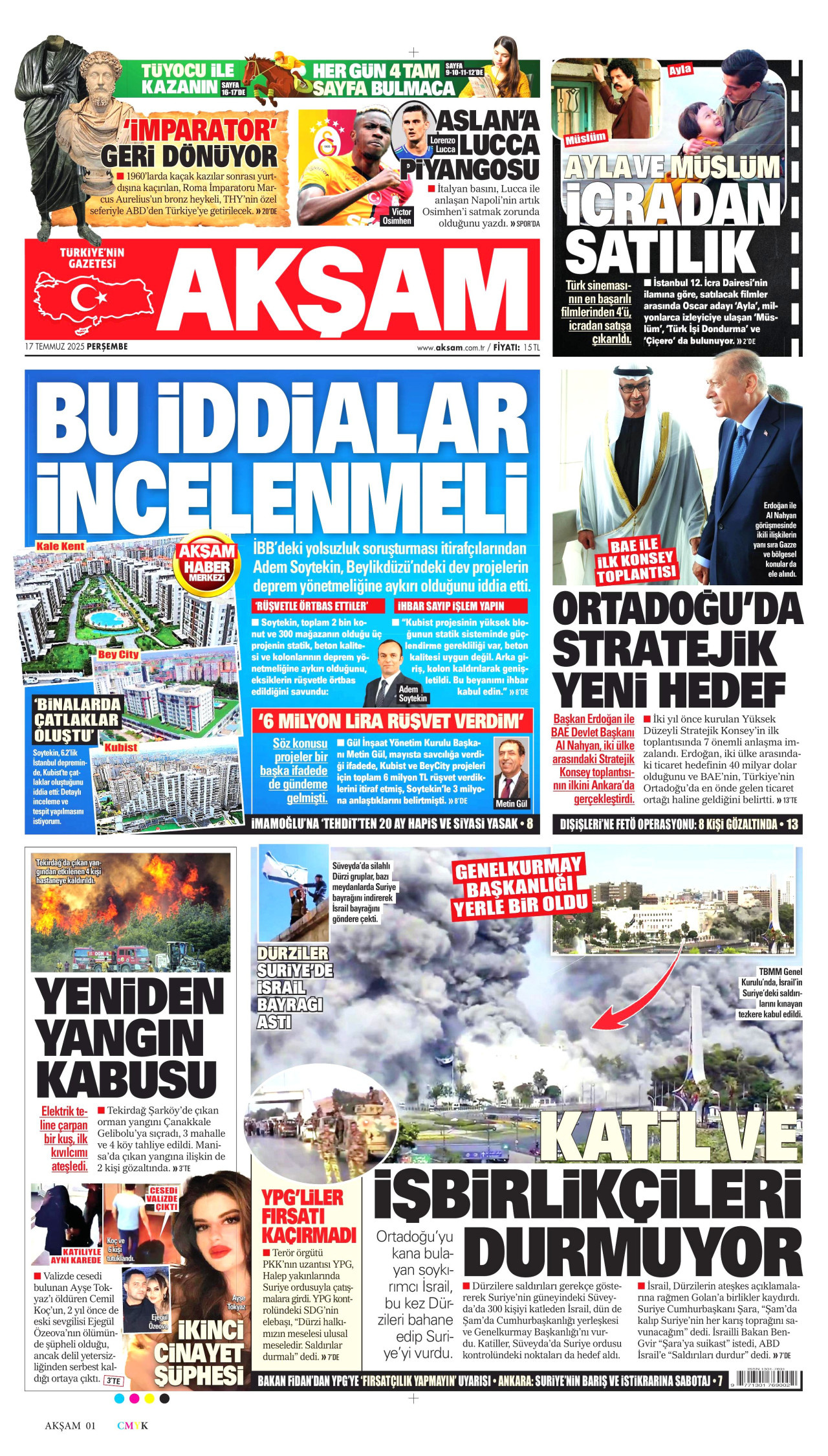 AKŞAM gazetesinin 17 Temmuz 2025 tarihli birinci sayfası