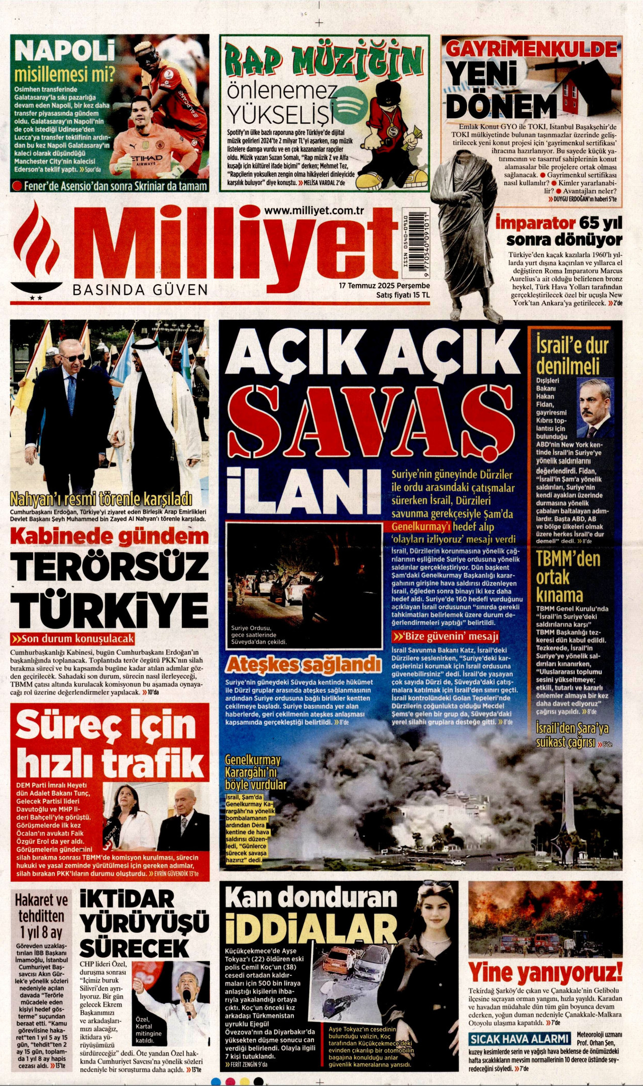 MİLLİYET gazetesinin 17 Temmuz 2025 tarihli birinci sayfası