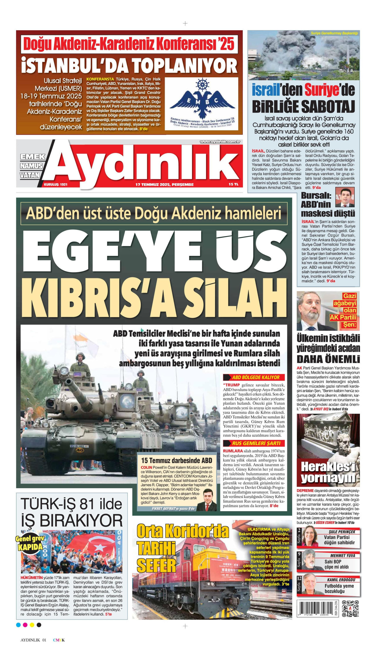 AYDINLIK GAZETESİ gazetesinin 17 Temmuz 2025 tarihli birinci sayfası