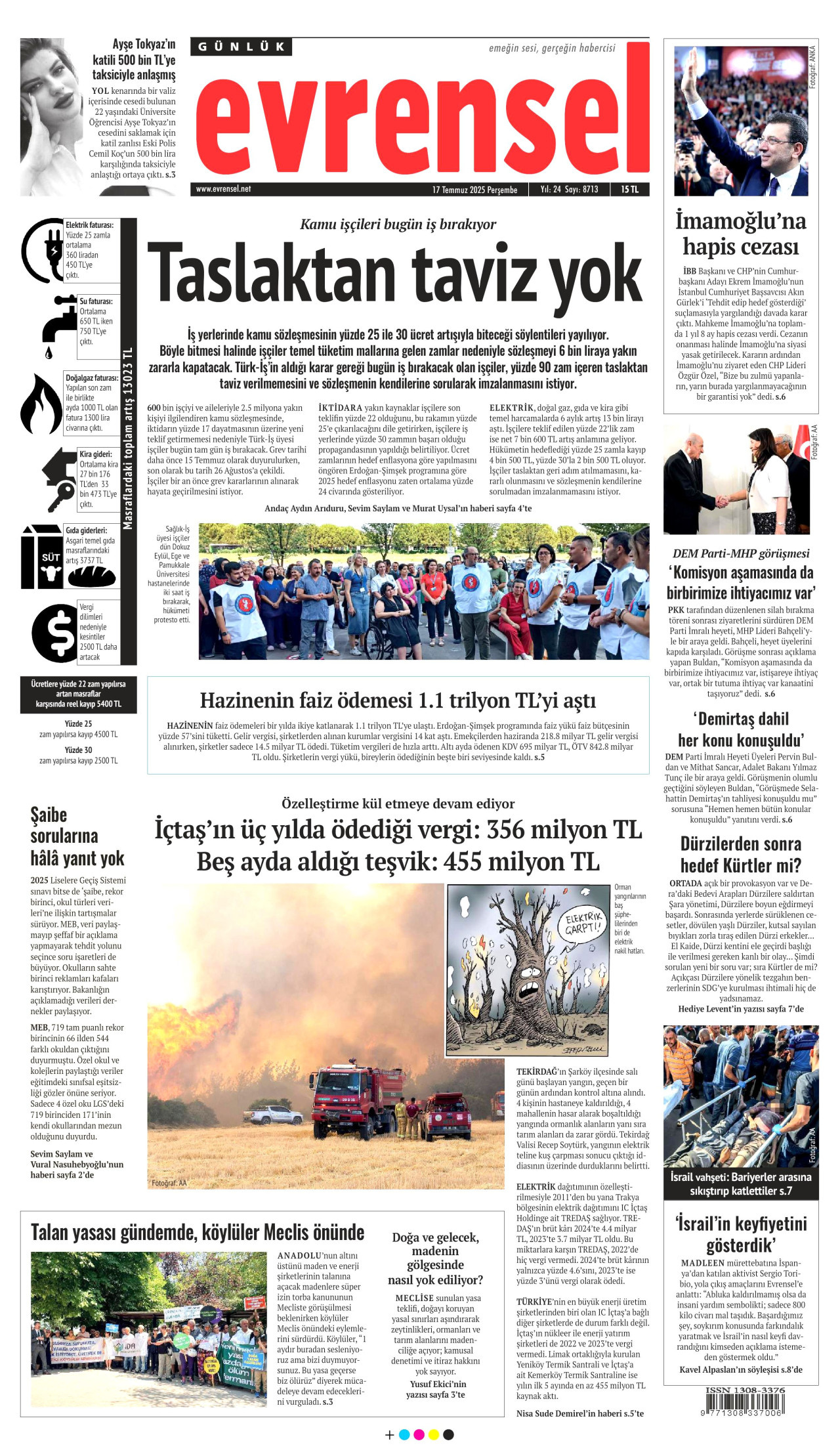 EVRENSEL gazetesinin 17 Temmuz 2025 tarihli birinci sayfası