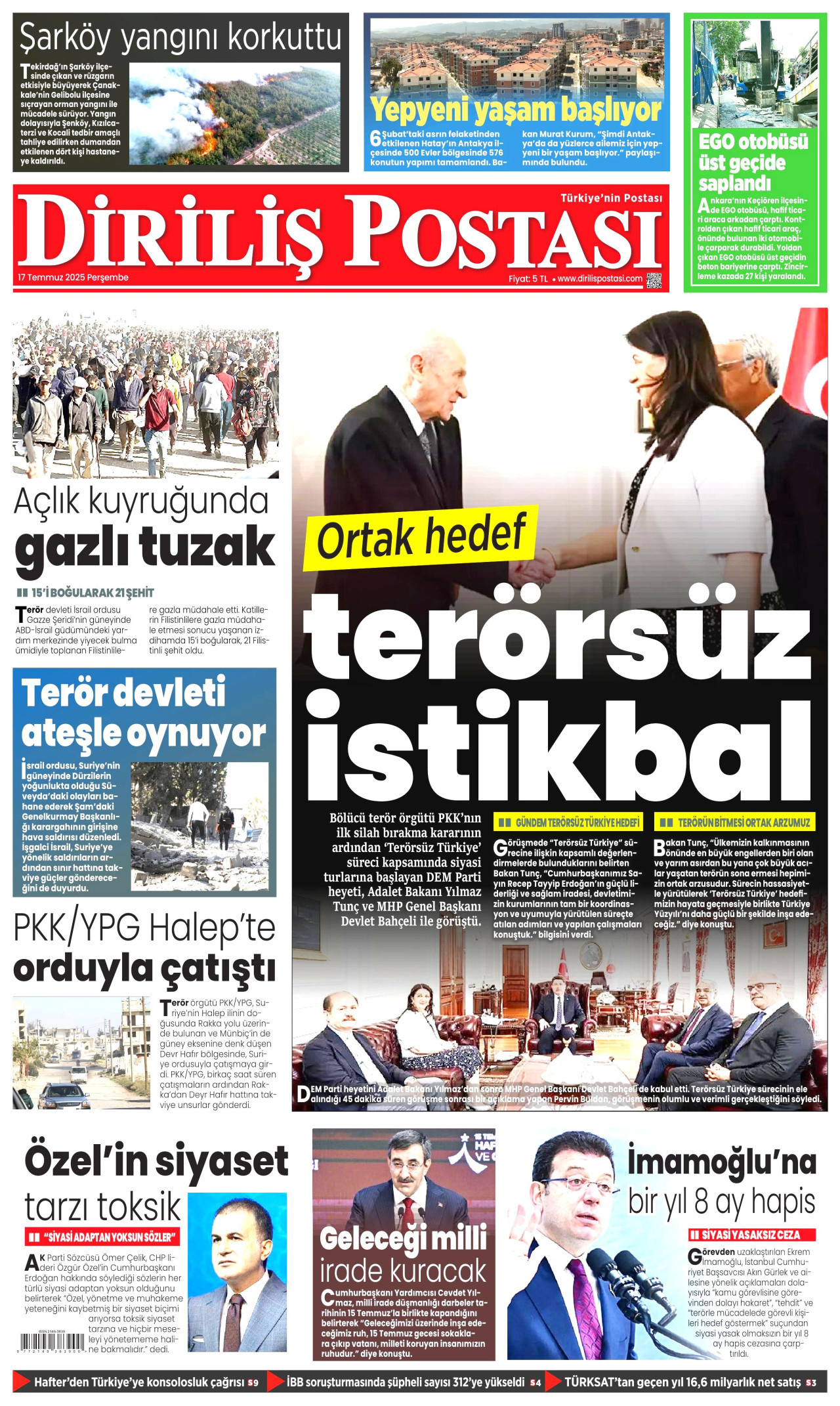 DİRİLİŞ POSTASI gazetesinin 17 Temmuz 2025 tarihli birinci sayfası