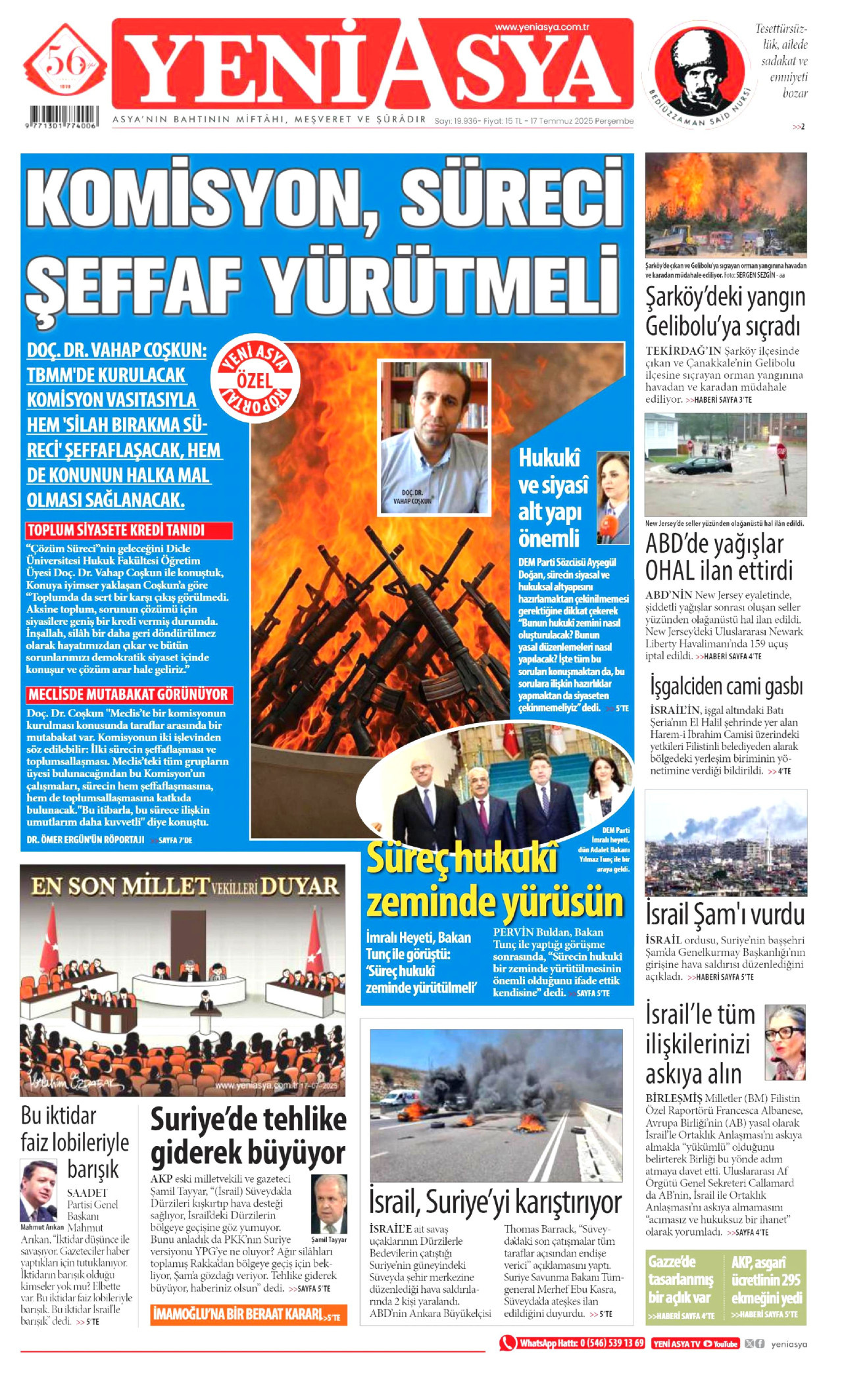 YENİ ASYA gazetesinin 17 Temmuz 2025 tarihli birinci sayfası