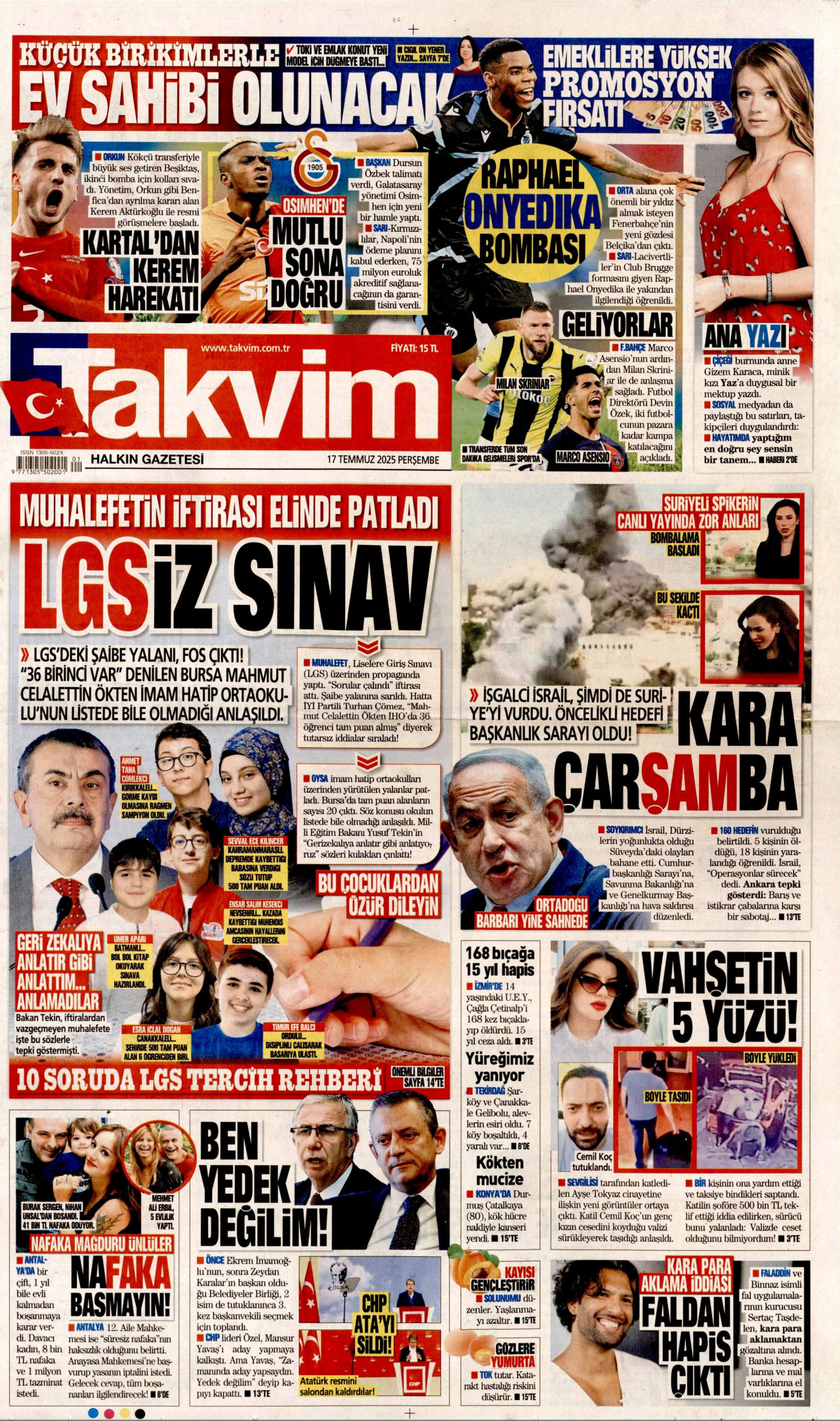 TAKVİM gazetesinin 17 Temmuz 2025 tarihli birinci sayfası