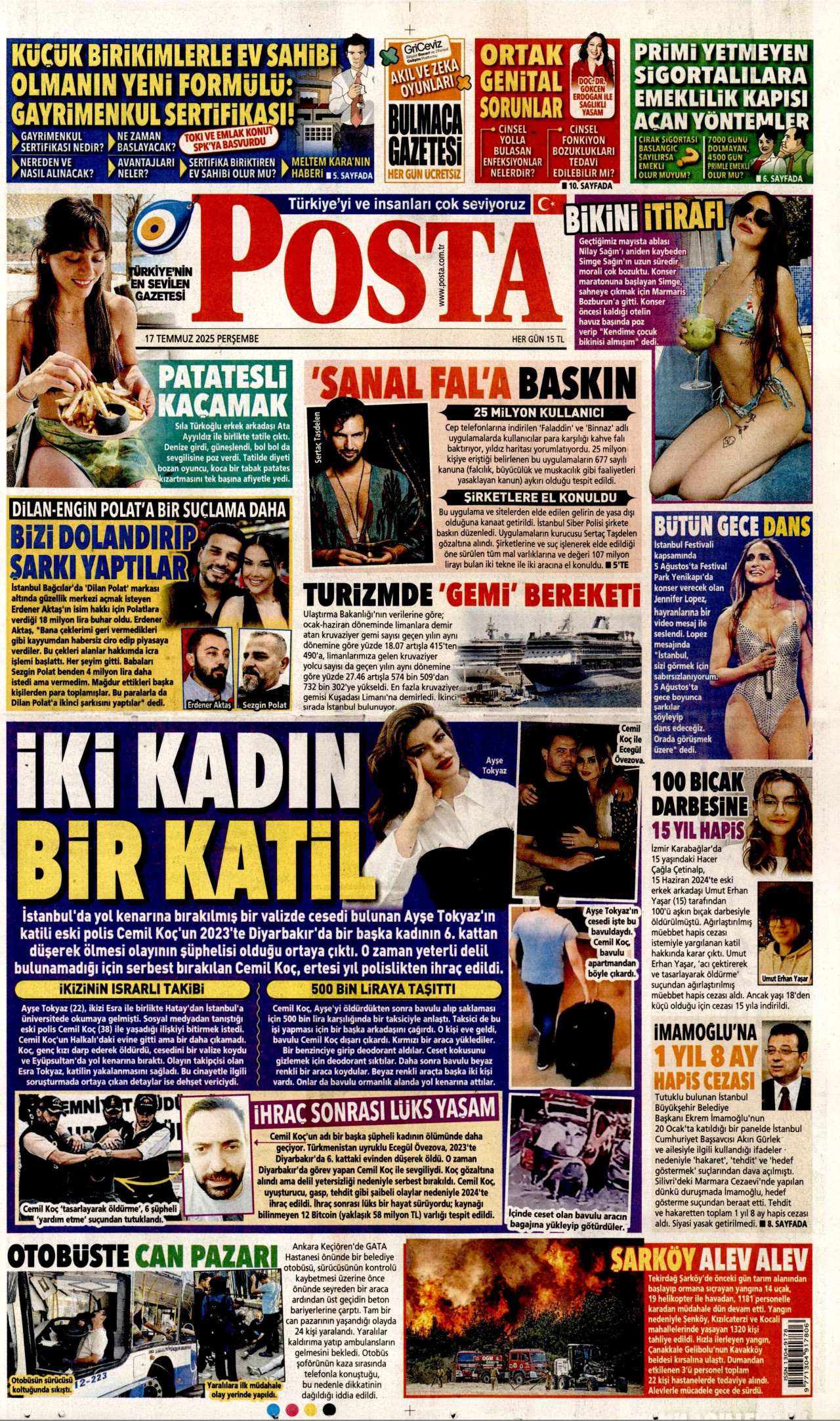 POSTA gazetesinin 17 Temmuz 2025 tarihli birinci sayfası