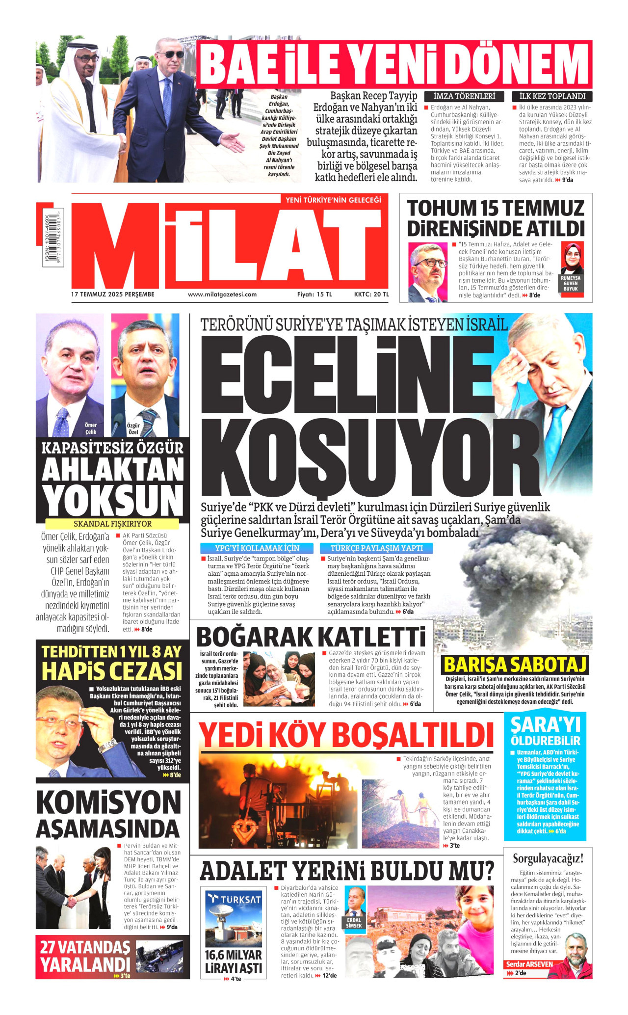 MİLAT gazetesinin 17 Temmuz 2025 tarihli birinci sayfası