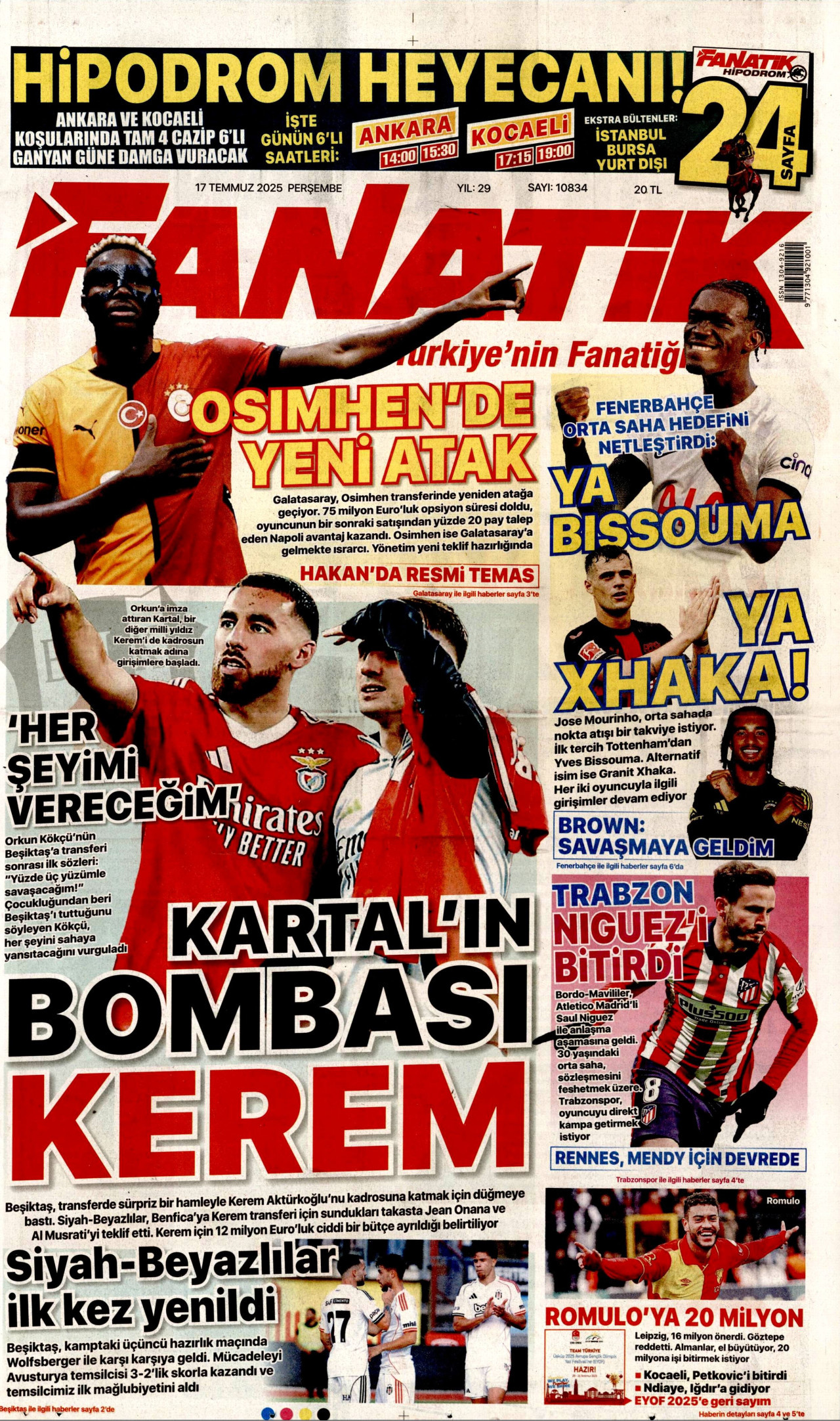 FANATİK gazetesinin 17 Temmuz 2025 tarihli birinci sayfası
