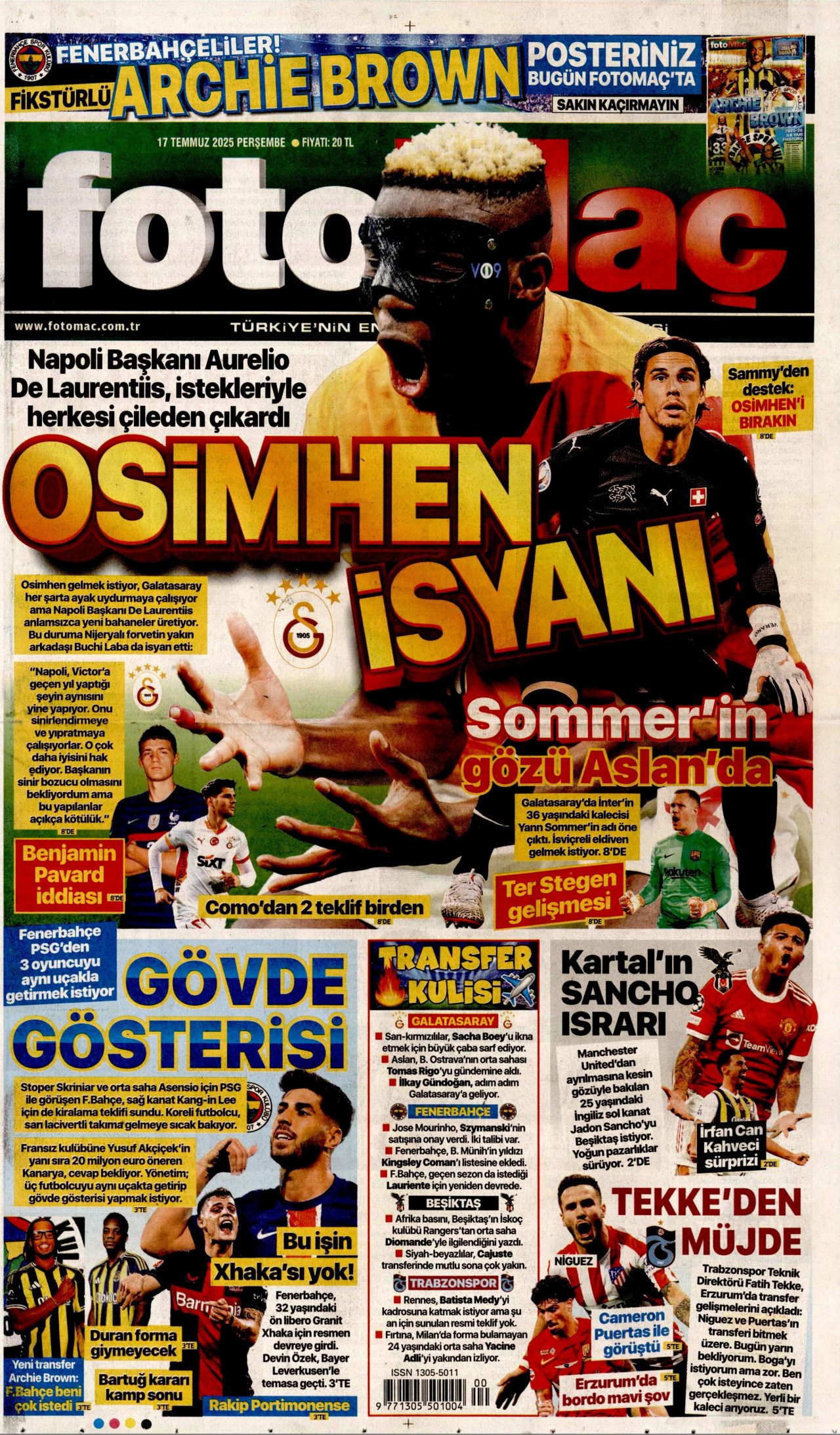 FOTOMAÇ gazetesinin 17 Temmuz 2025 tarihli birinci sayfası