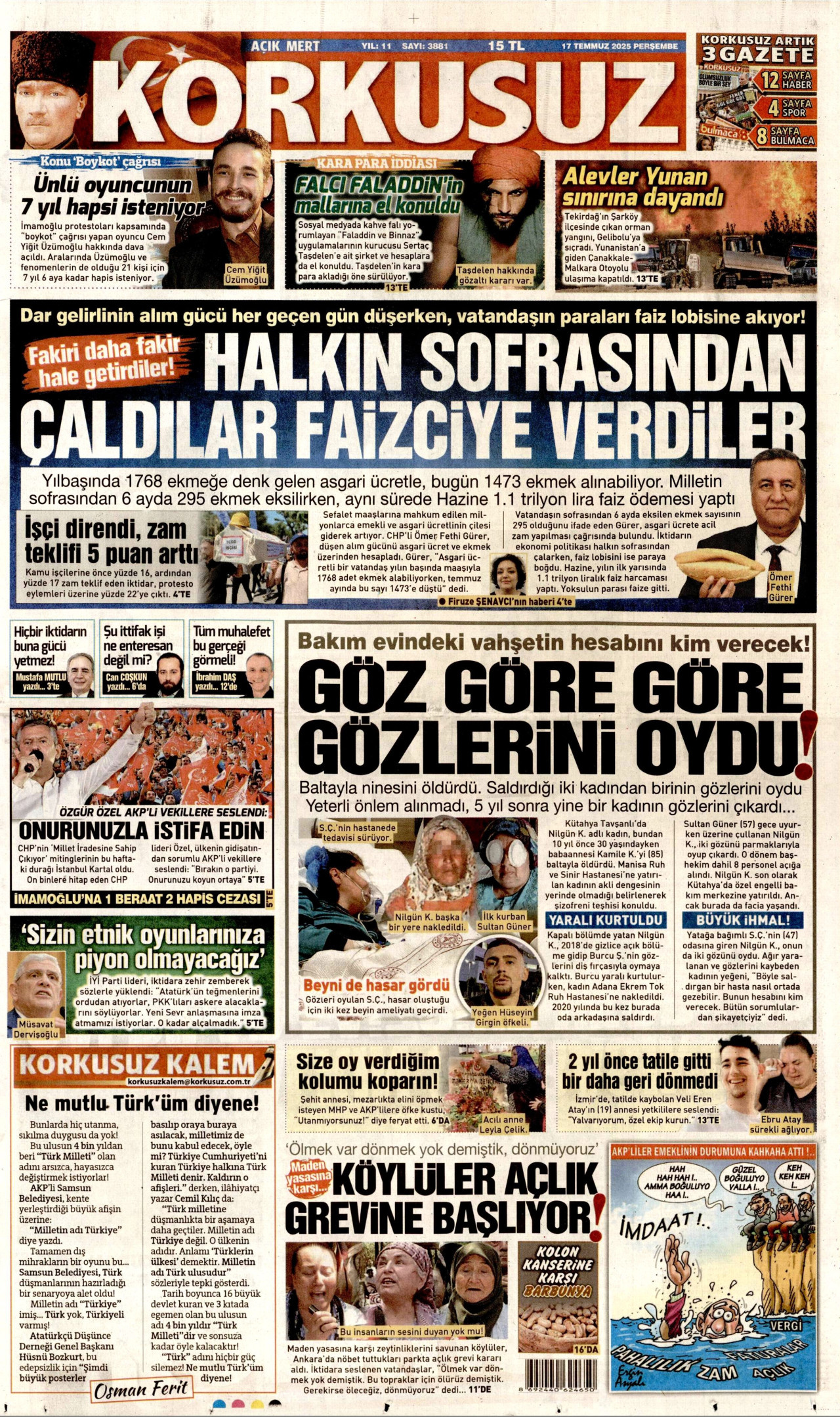 KORKUSUZ gazetesinin 17 Temmuz 2025 tarihli birinci sayfası