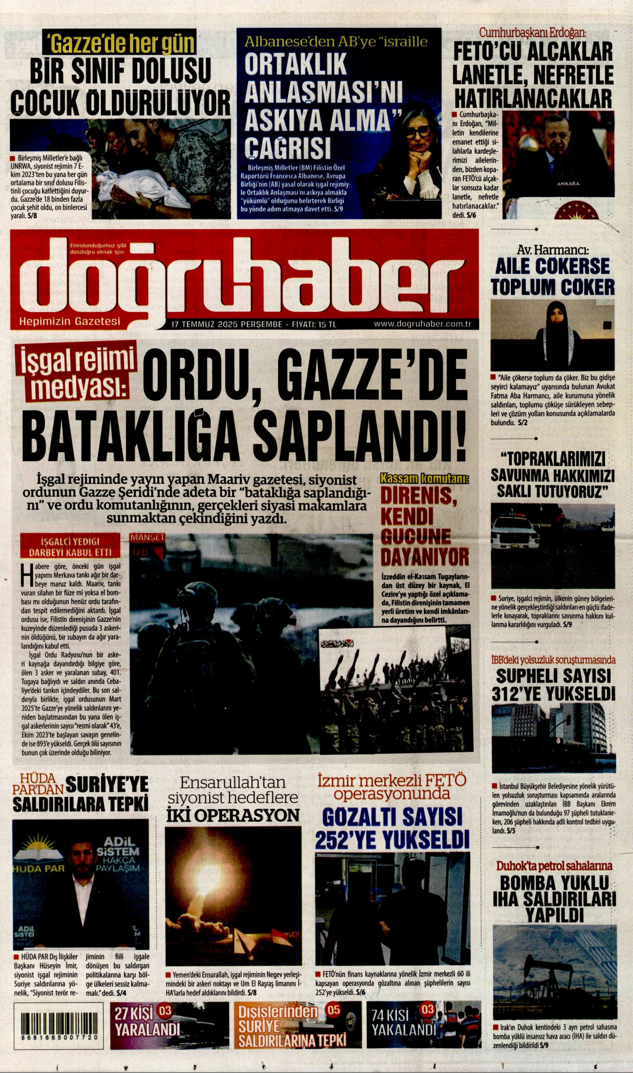 DOĞRU HABER gazetesinin 17 Temmuz 2025 tarihli birinci sayfası