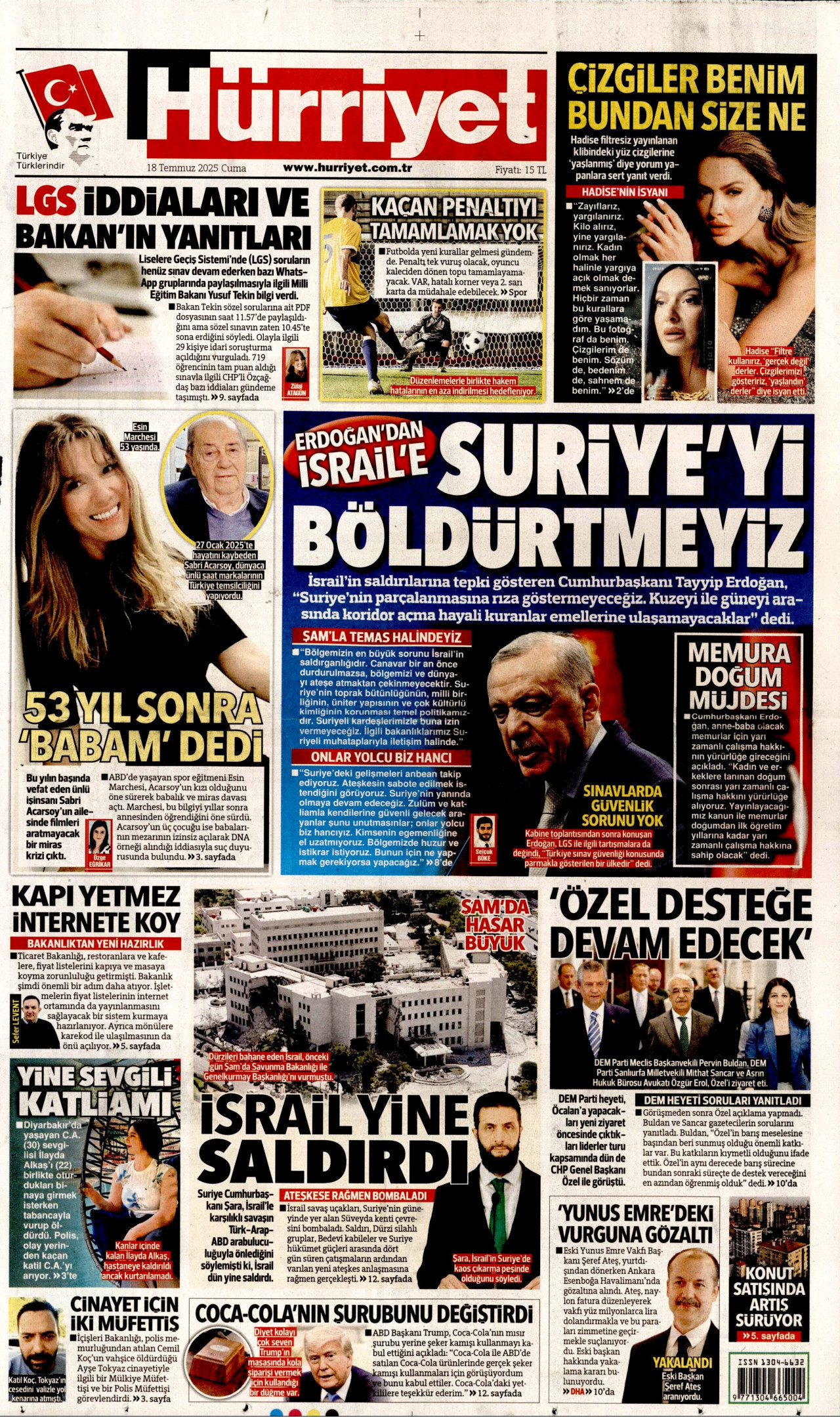HÜRRİYET gazetesinin 18 Temmuz 2025 tarihli birinci sayfası