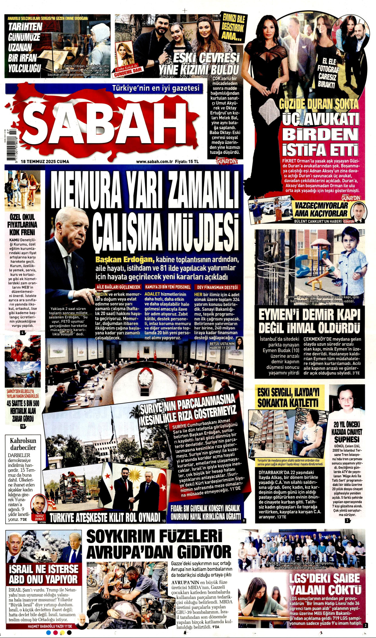 SABAH gazetesinin 18 Temmuz 2025 tarihli birinci sayfası