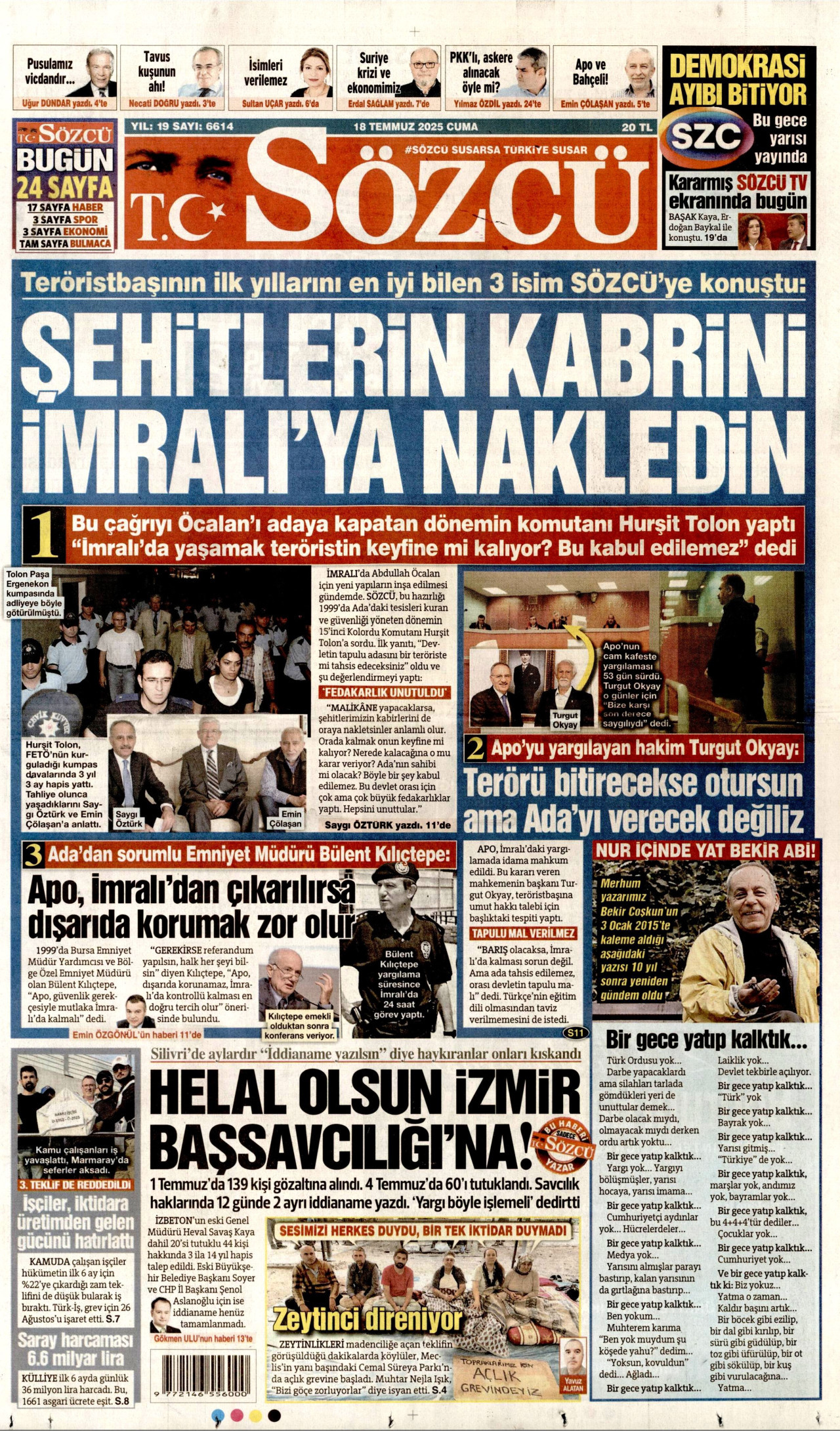 SÖZCÜ gazetesinin 18 Temmuz 2025 tarihli birinci sayfası
