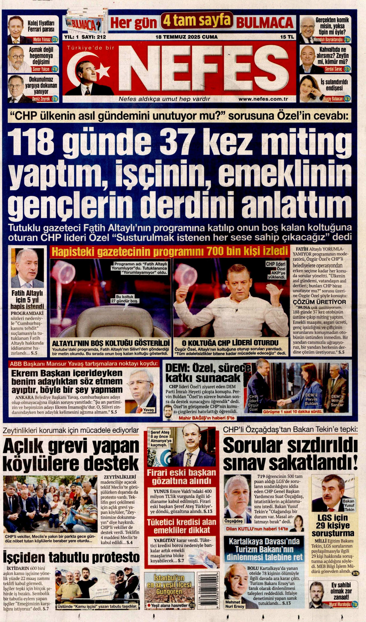NEFES gazetesinin 18 Temmuz 2025 tarihli birinci sayfası