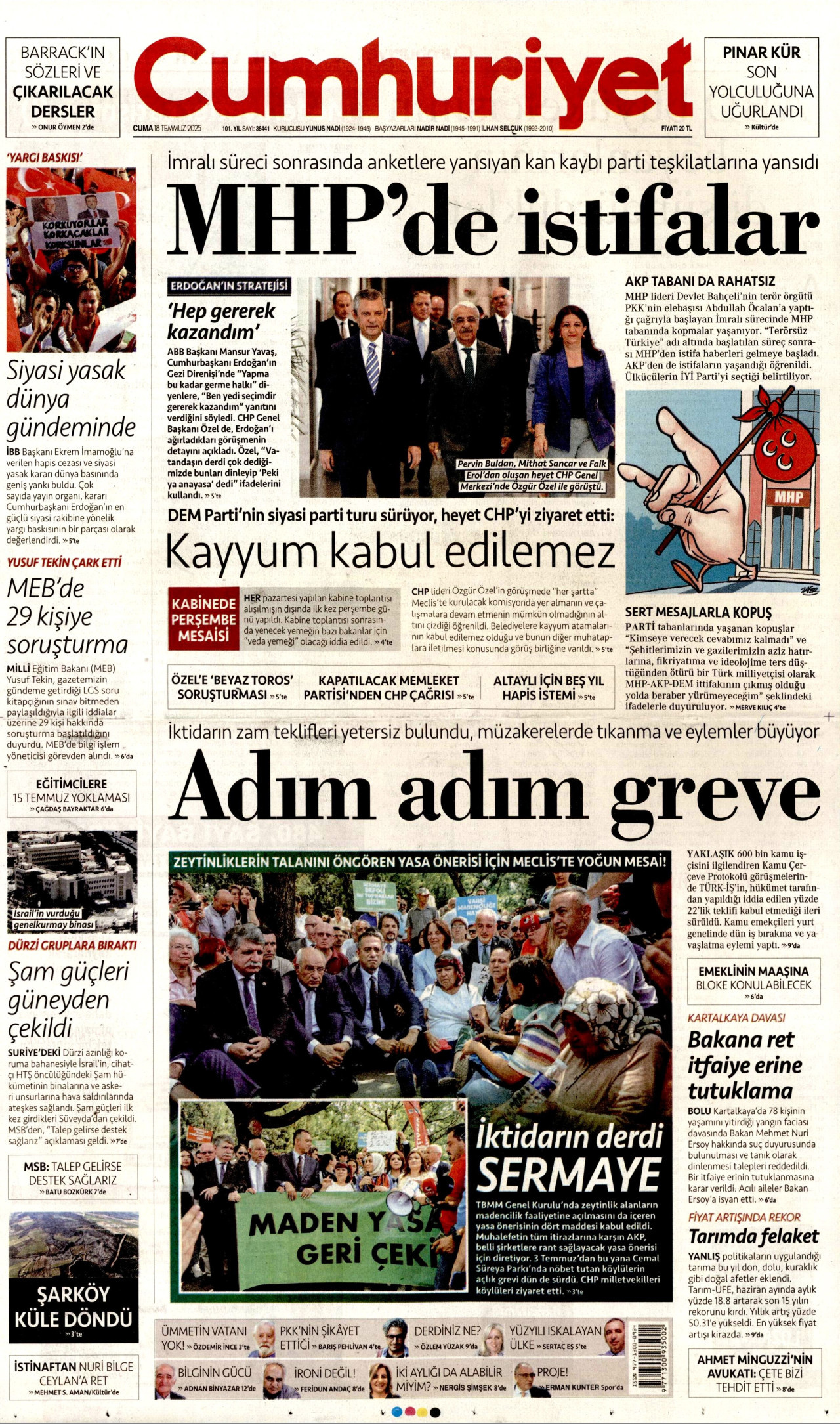 CUMHURİYET gazetesinin 18 Temmuz 2025 tarihli birinci sayfası