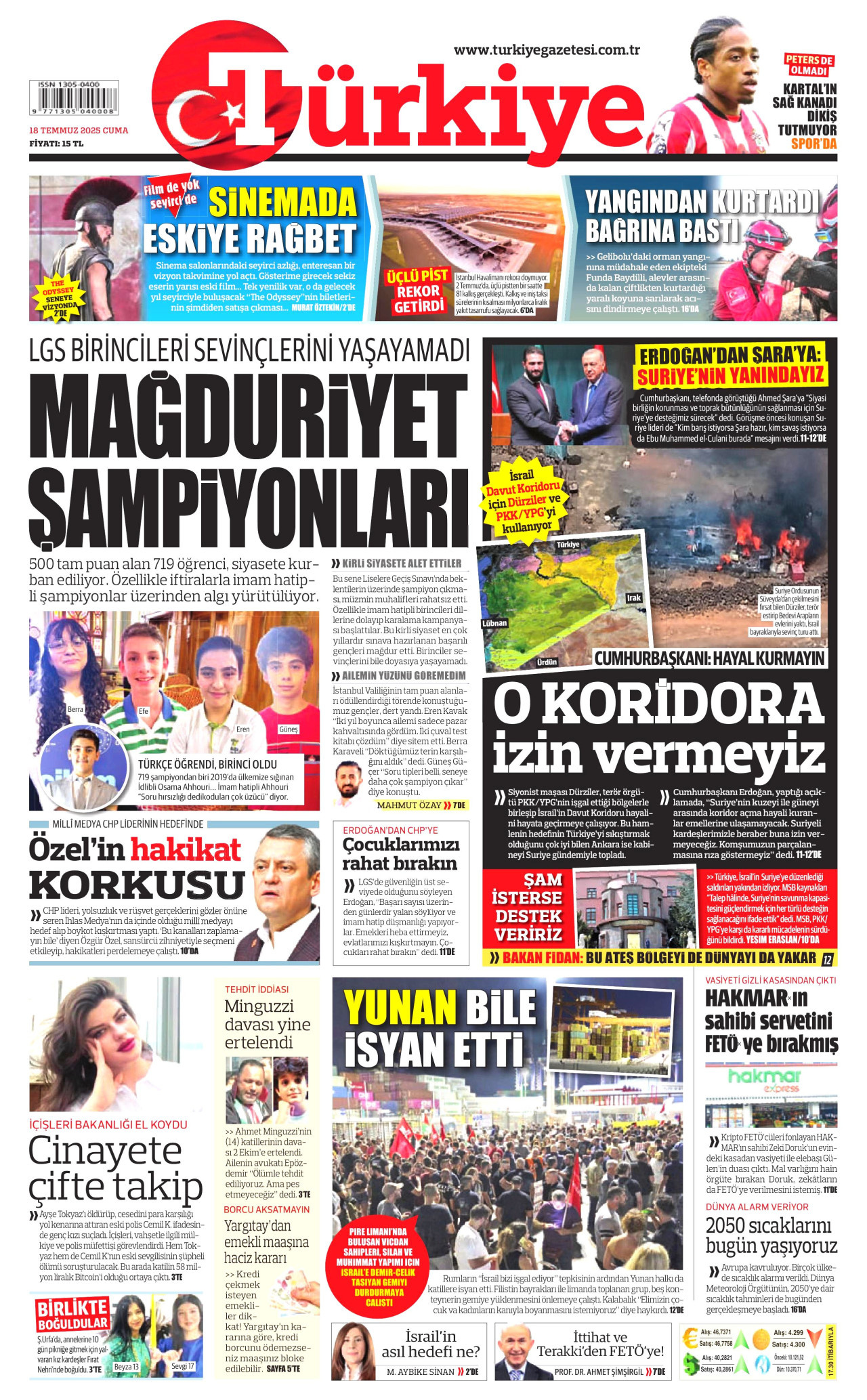 TÜRKİYE GAZETESİ gazetesinin 18 Temmuz 2025 tarihli birinci sayfası