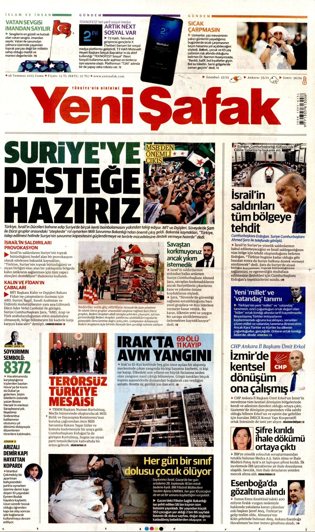 YENİ ŞAFAK gazetesinin 18 Temmuz 2025 tarihli birinci sayfası