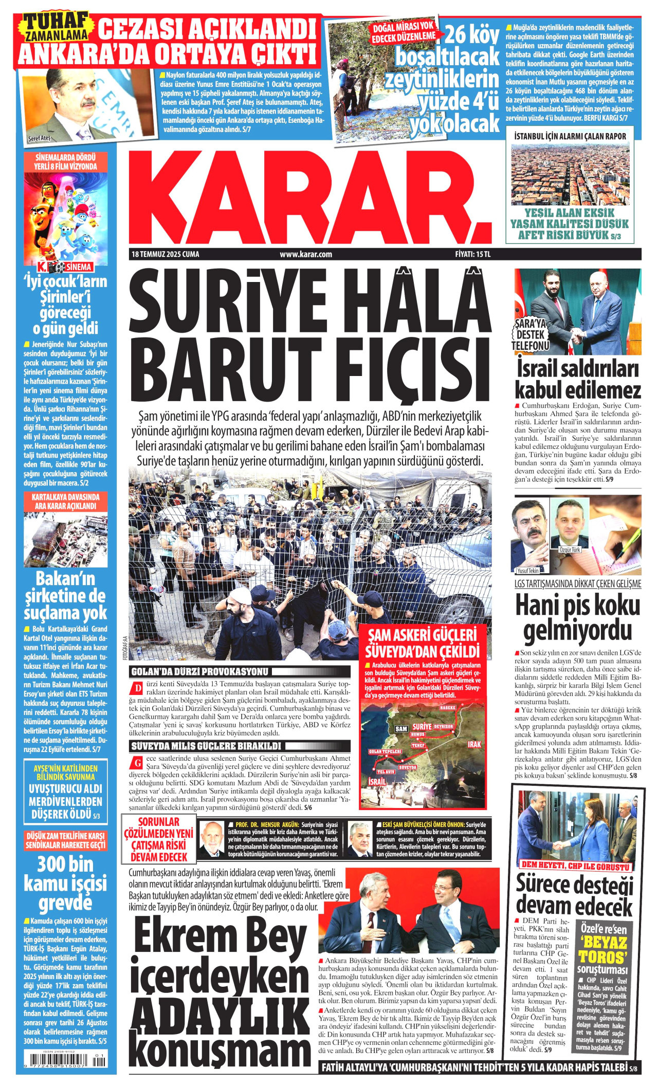 KARAR gazetesinin 18 Temmuz 2025 tarihli birinci sayfası