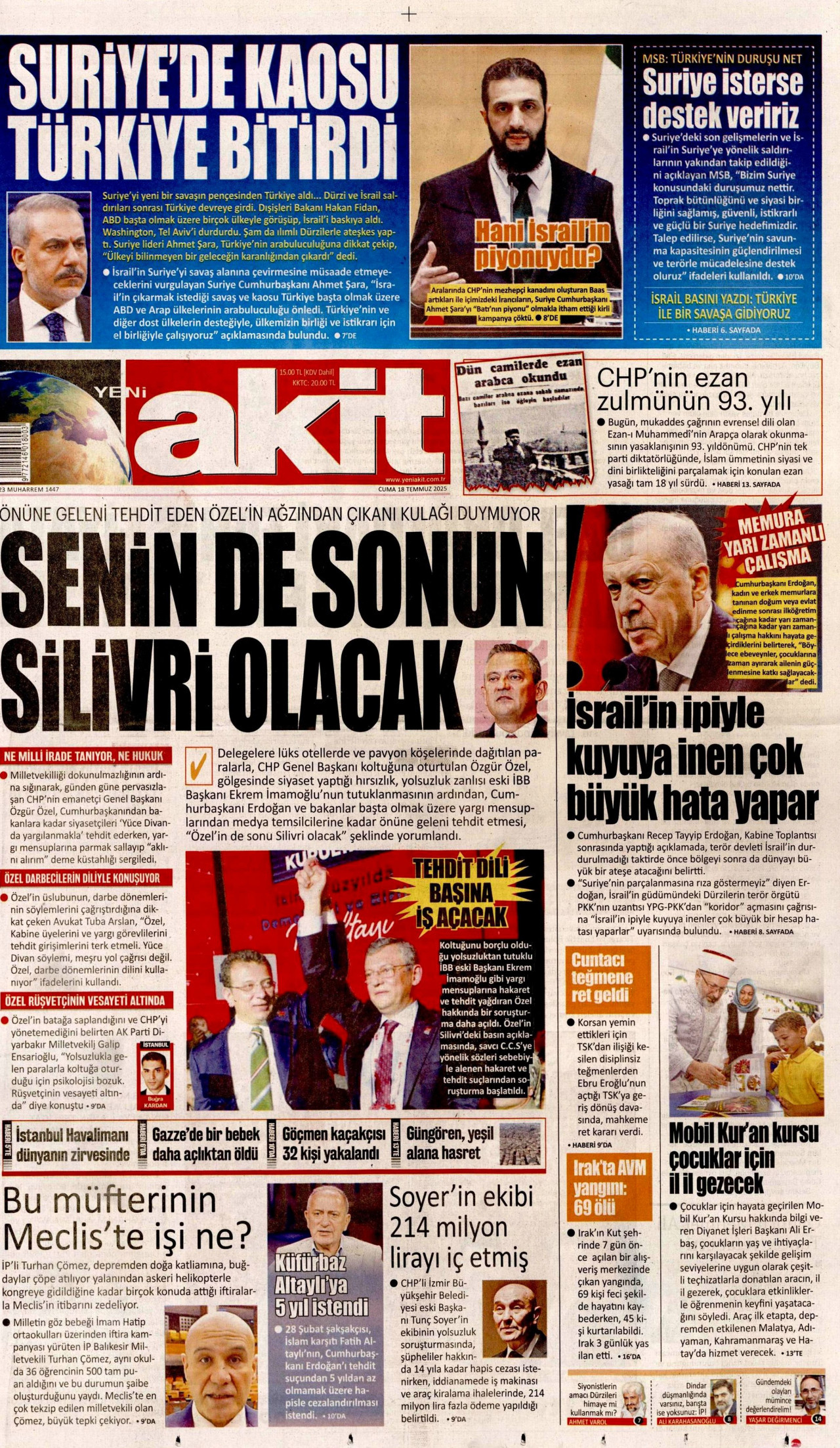 YENİ AKİT gazetesinin 18 Temmuz 2025 tarihli birinci sayfası