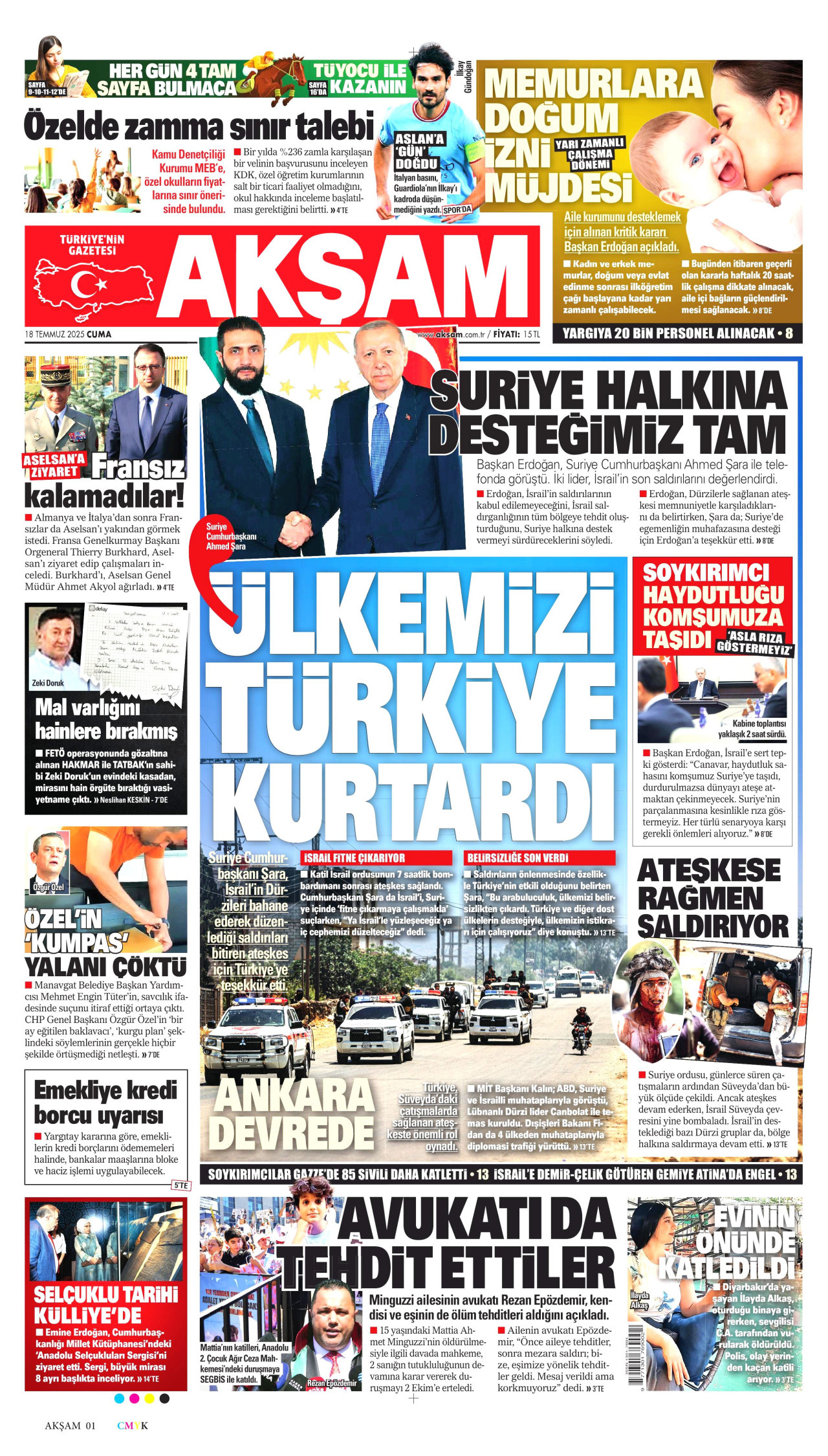 AKŞAM gazetesinin 18 Temmuz 2025 tarihli birinci sayfası