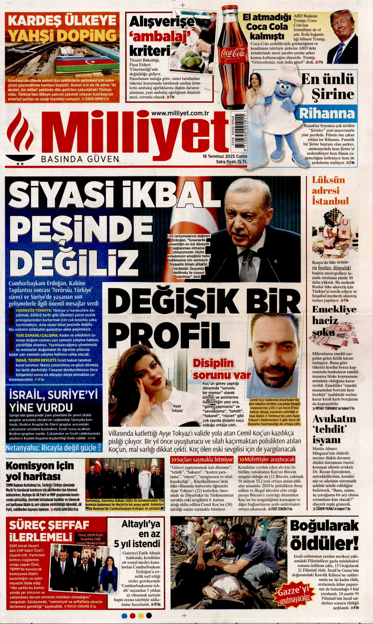 MİLLİYET gazetesinin 18 Temmuz 2025 tarihli birinci sayfası