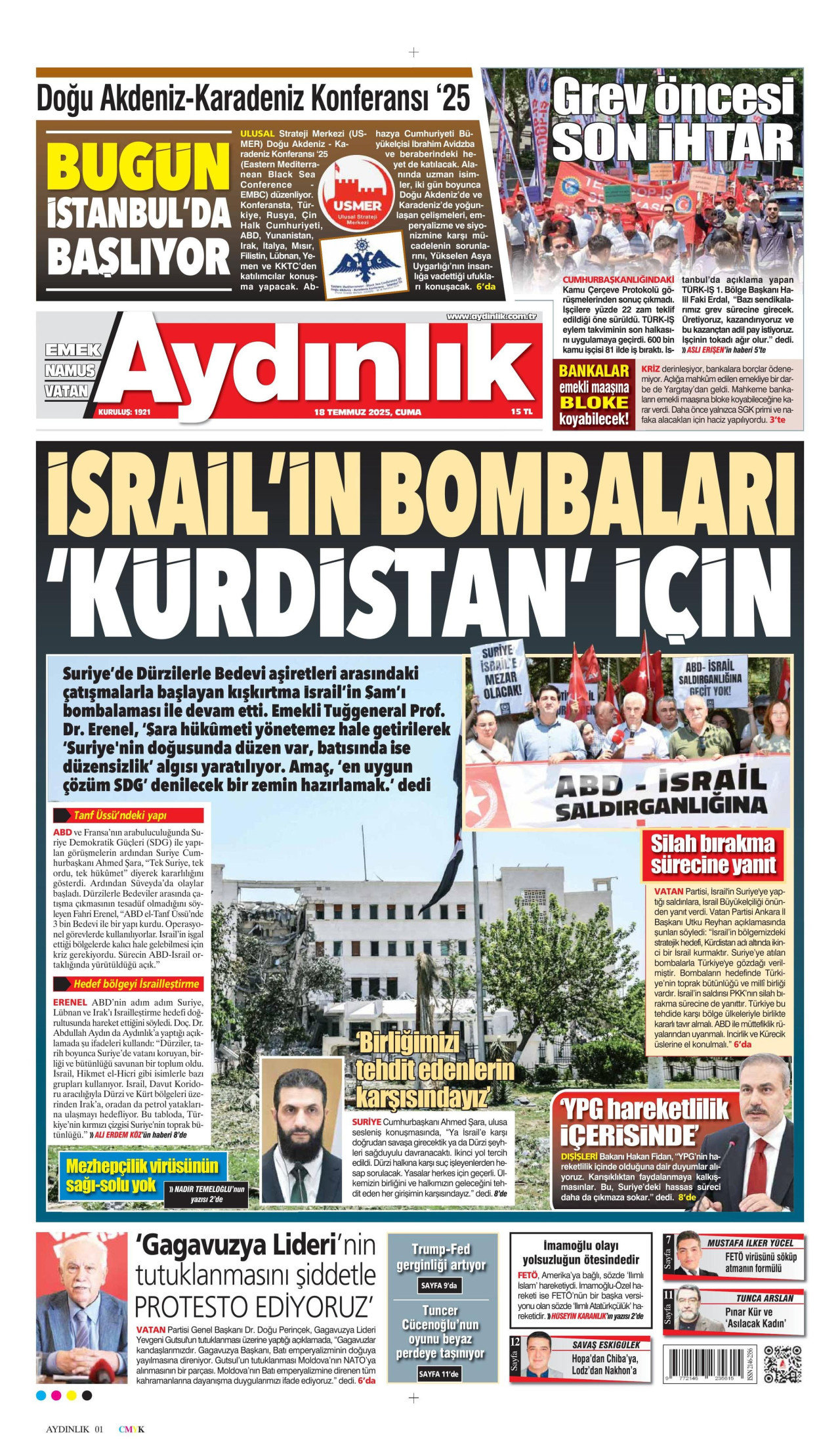 AYDINLIK GAZETESİ gazetesinin 18 Temmuz 2025 tarihli birinci sayfası