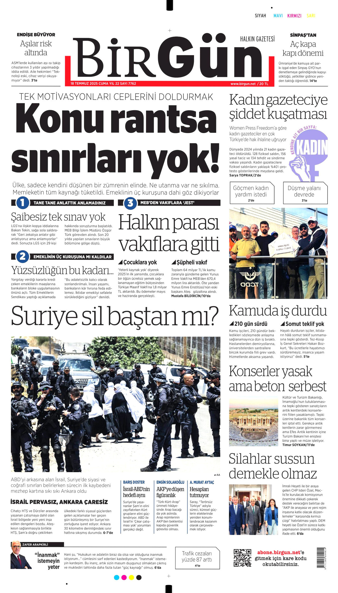 BİRGÜN gazetesinin 18 Temmuz 2025 tarihli birinci sayfası