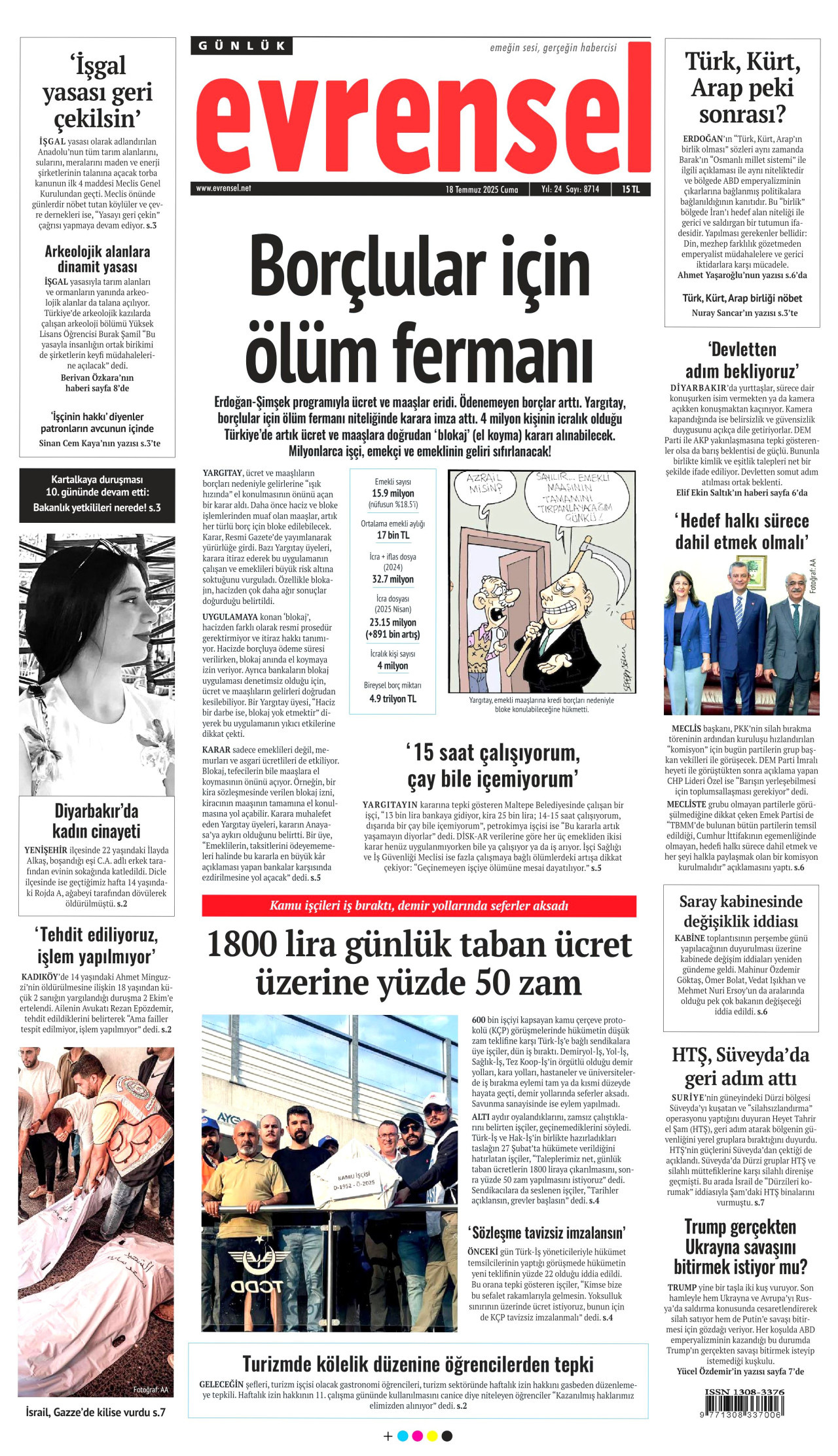 EVRENSEL gazetesinin 18 Temmuz 2025 tarihli birinci sayfası