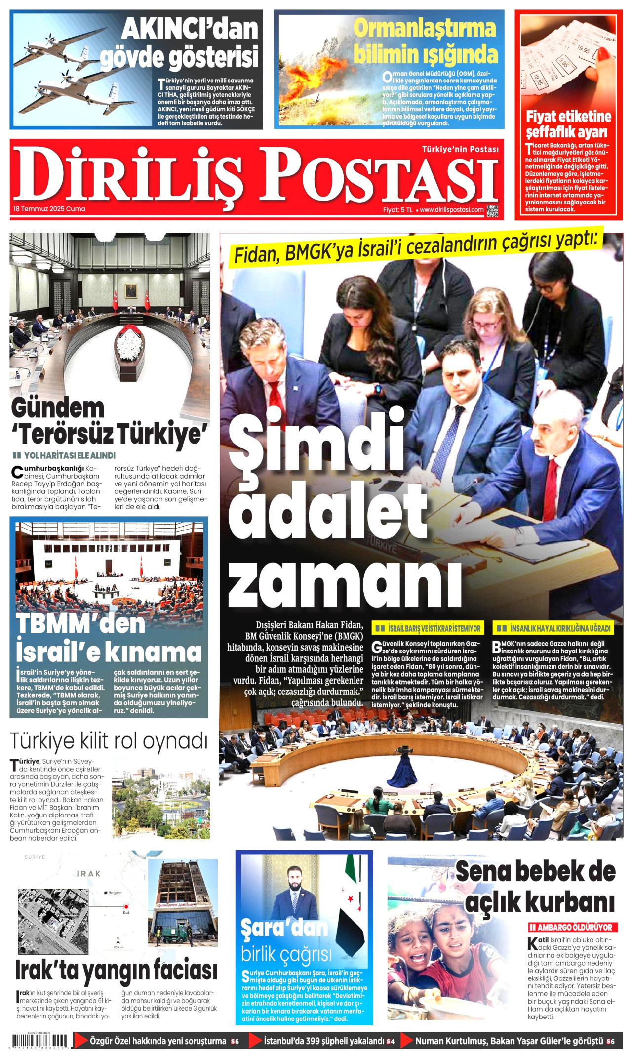 DİRİLİŞ POSTASI gazetesinin 18 Temmuz 2025 tarihli birinci sayfası
