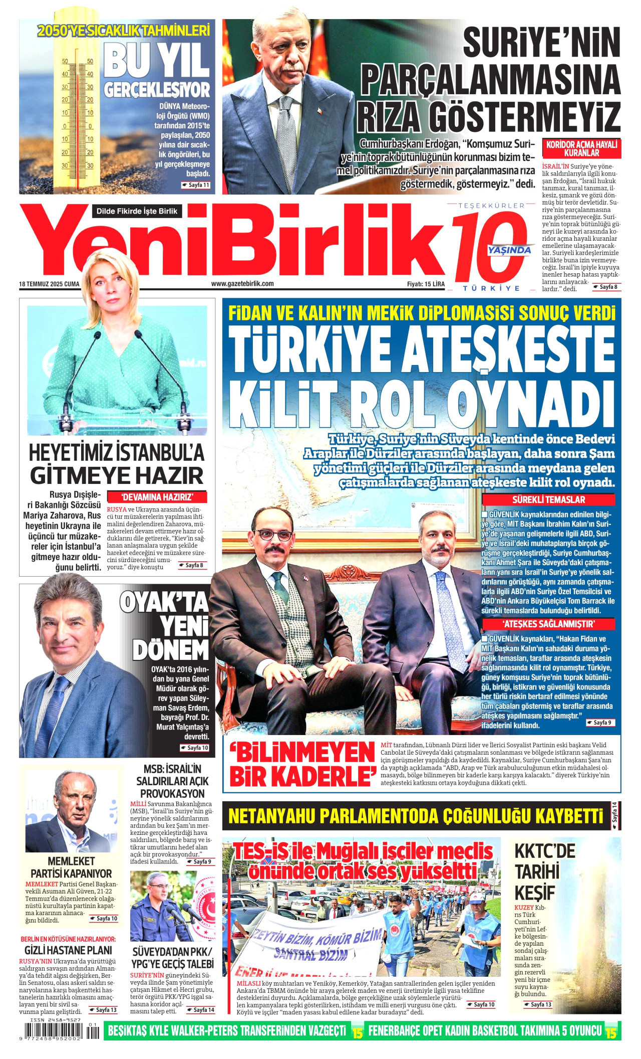 YENİBİRLİK gazetesinin 18 Temmuz 2025 tarihli birinci sayfası