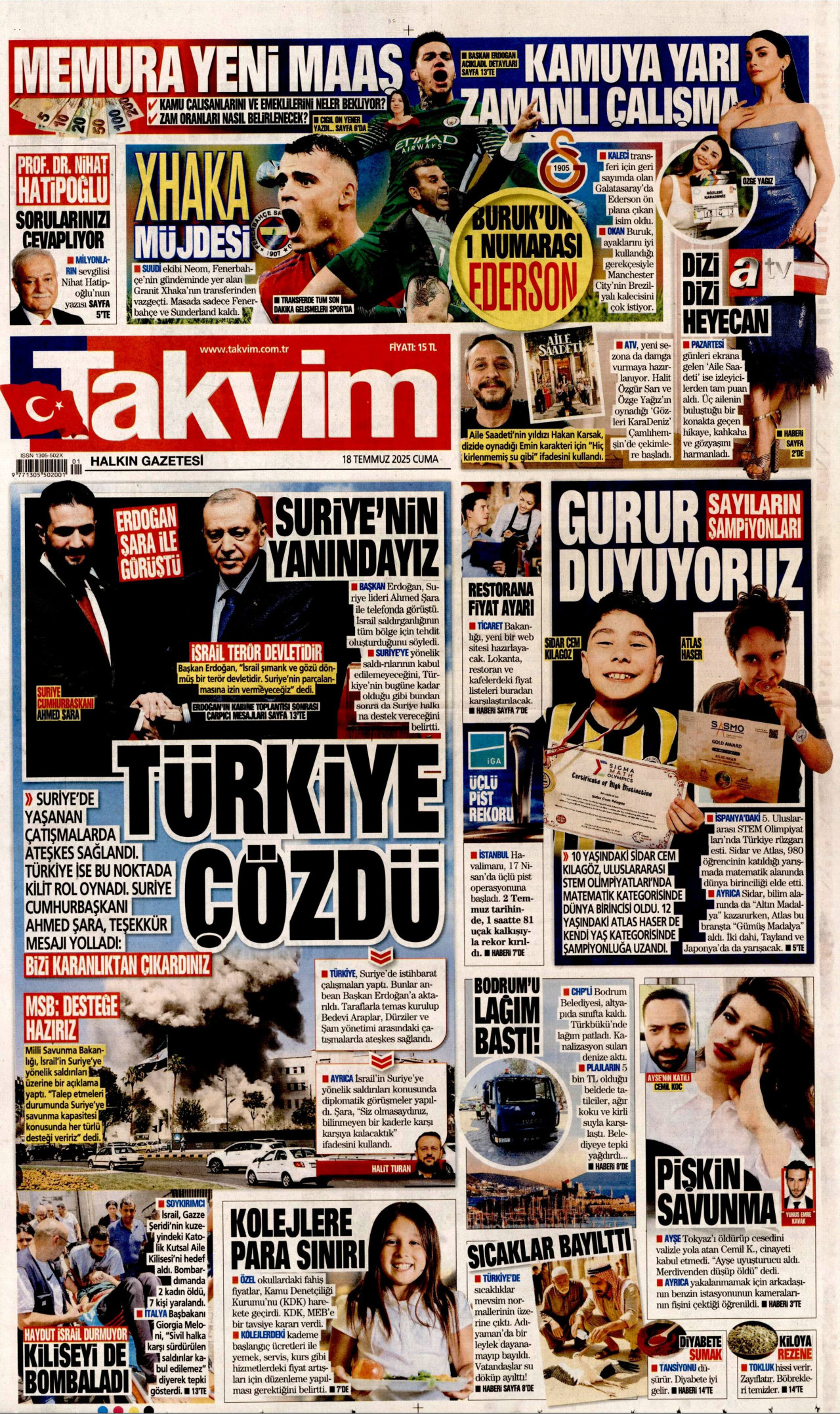 TAKVİM gazetesinin 18 Temmuz 2025 tarihli birinci sayfası