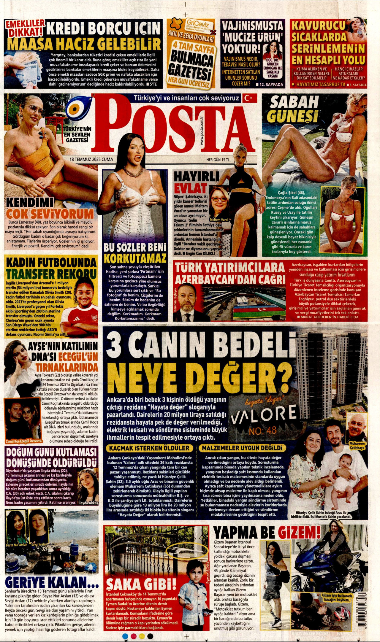 POSTA gazetesinin 18 Temmuz 2025 tarihli birinci sayfası