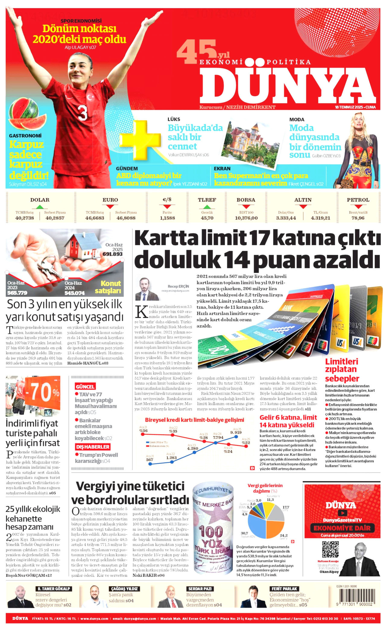 DÜNYA gazetesinin 18 Temmuz 2025 tarihli birinci sayfası
