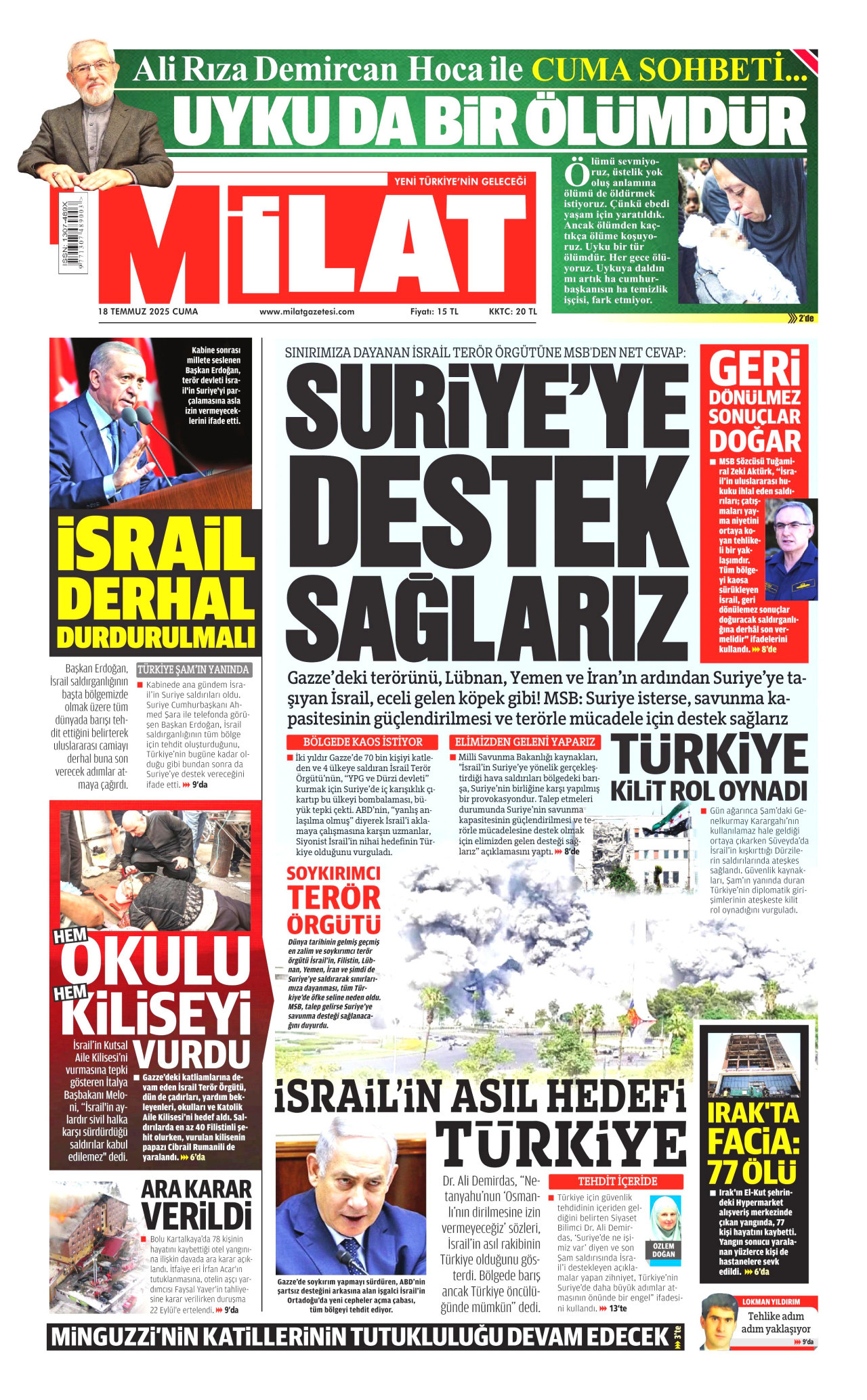 MİLAT gazetesinin 18 Temmuz 2025 tarihli birinci sayfası