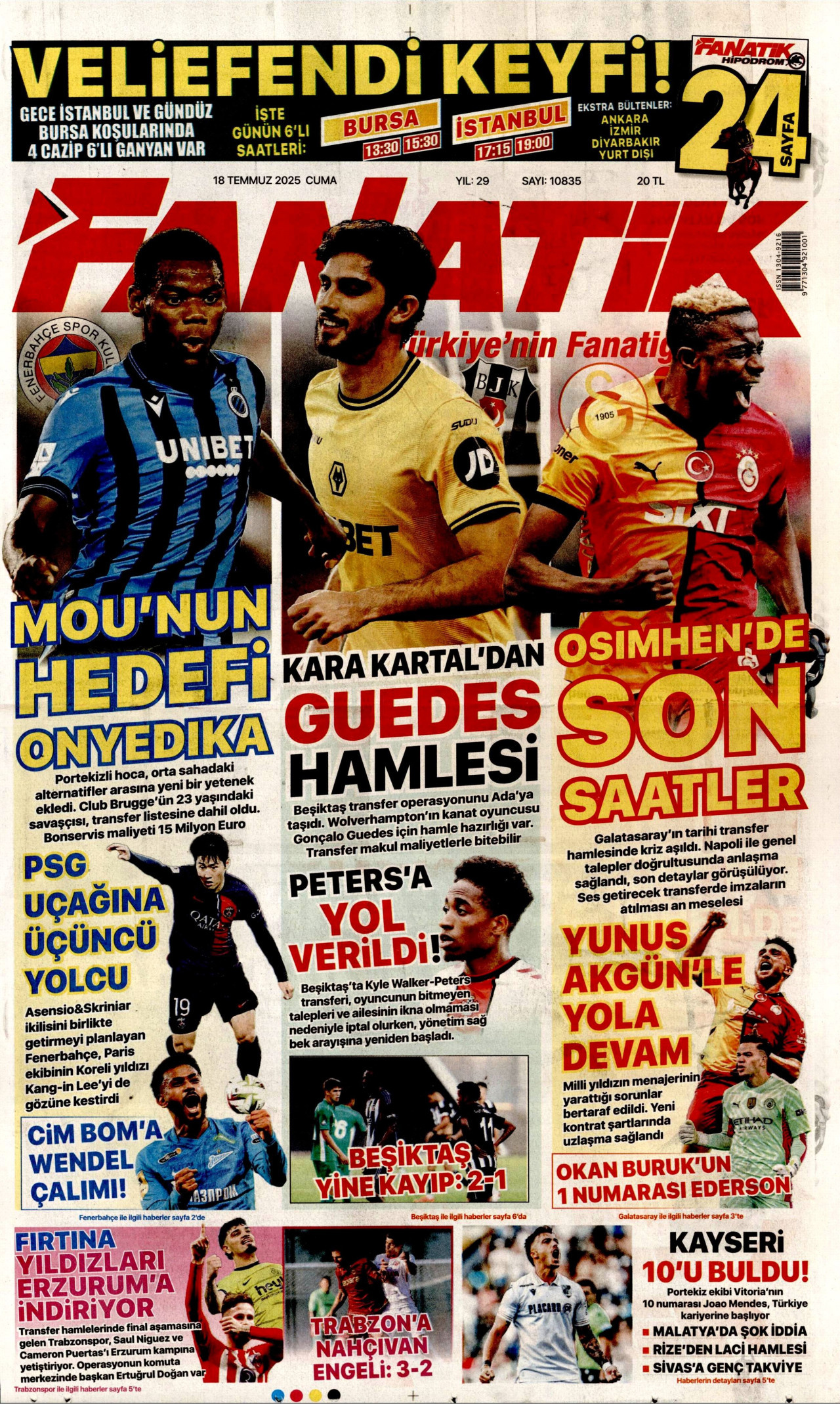 FANATİK gazetesinin 18 Temmuz 2025 tarihli birinci sayfası