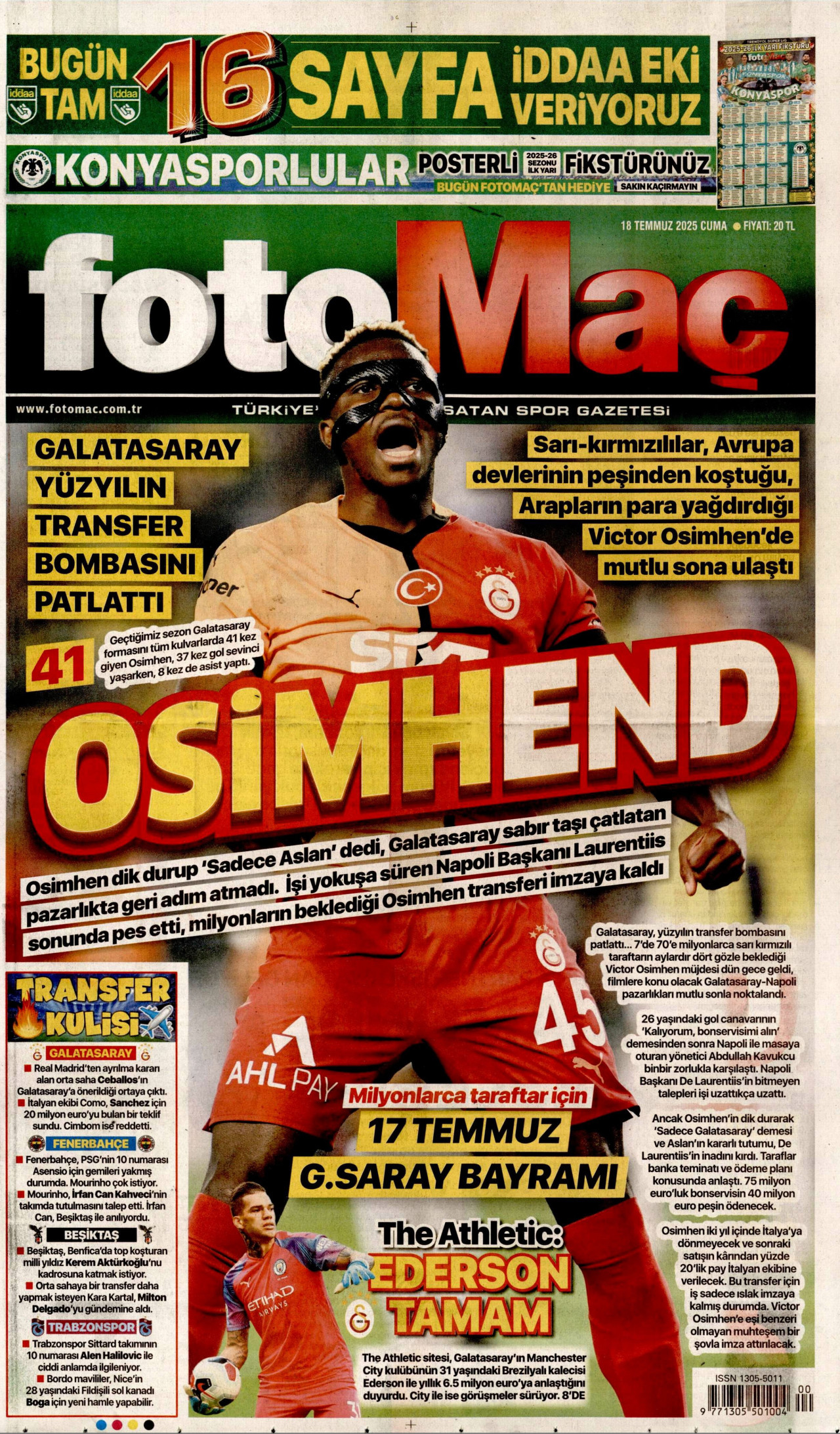 FOTOMAÇ gazetesinin 18 Temmuz 2025 tarihli birinci sayfası