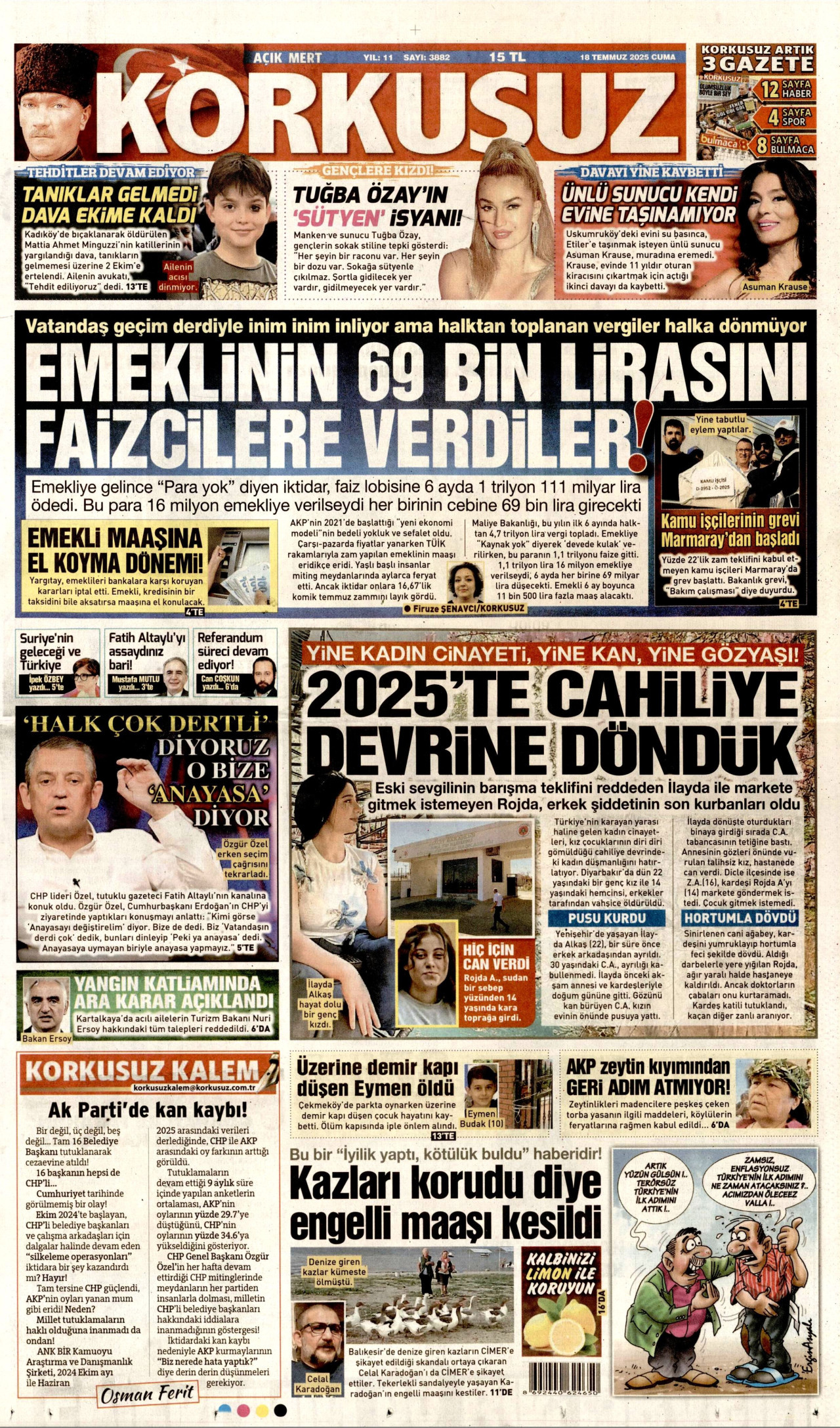KORKUSUZ gazetesinin 18 Temmuz 2025 tarihli birinci sayfası