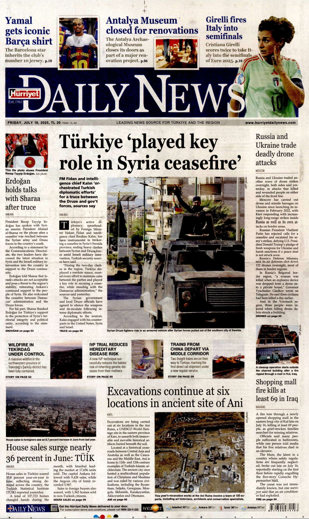 HÜRRİYET DAİLY NEWS gazetesinin 18 Temmuz 2025 tarihli birinci sayfası
