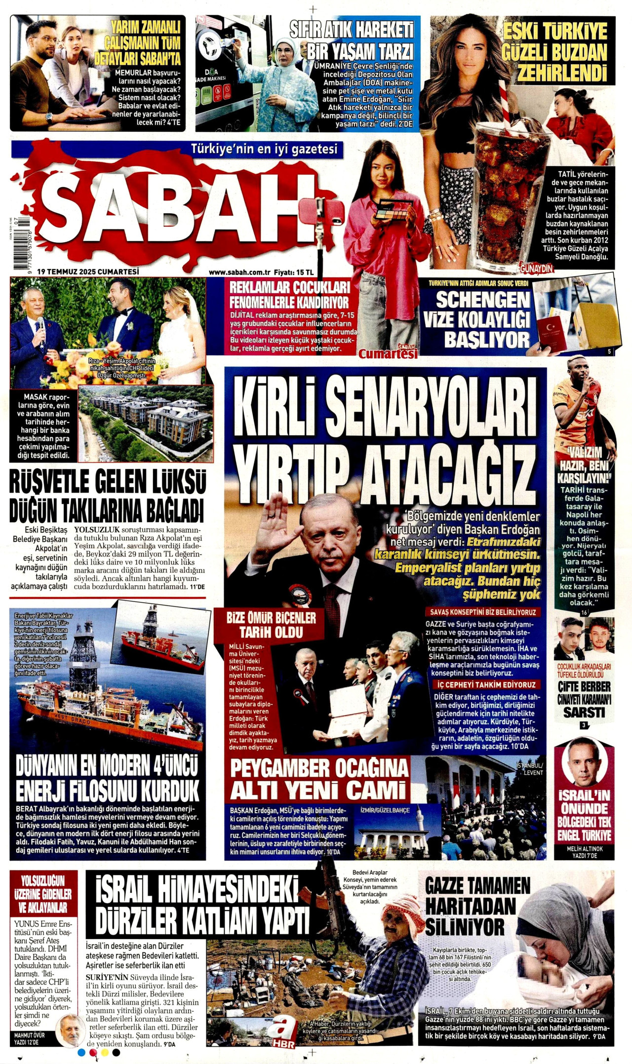 SABAH gazetesinin 19 Temmuz 2025 tarihli birinci sayfası