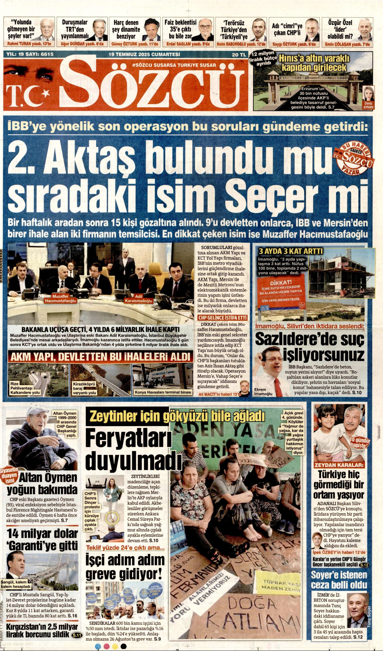 SÖZCÜ gazetesinin 19 Temmuz 2025 tarihli birinci sayfası