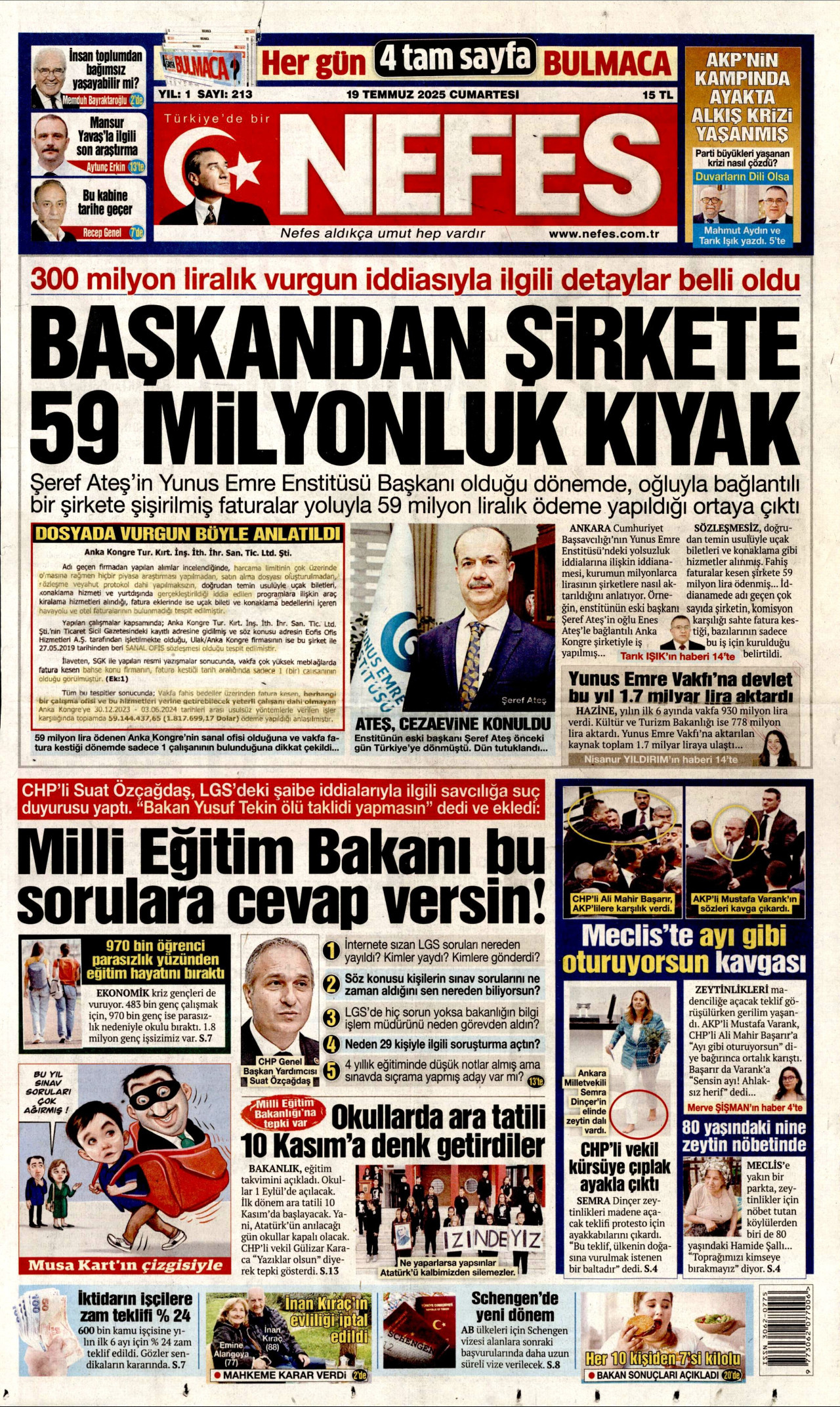 NEFES gazetesinin 19 Temmuz 2025 tarihli birinci sayfası