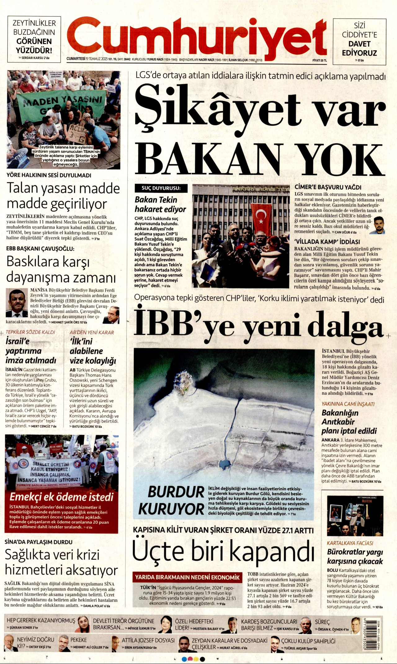 CUMHURİYET gazetesinin 19 Temmuz 2025 tarihli birinci sayfası