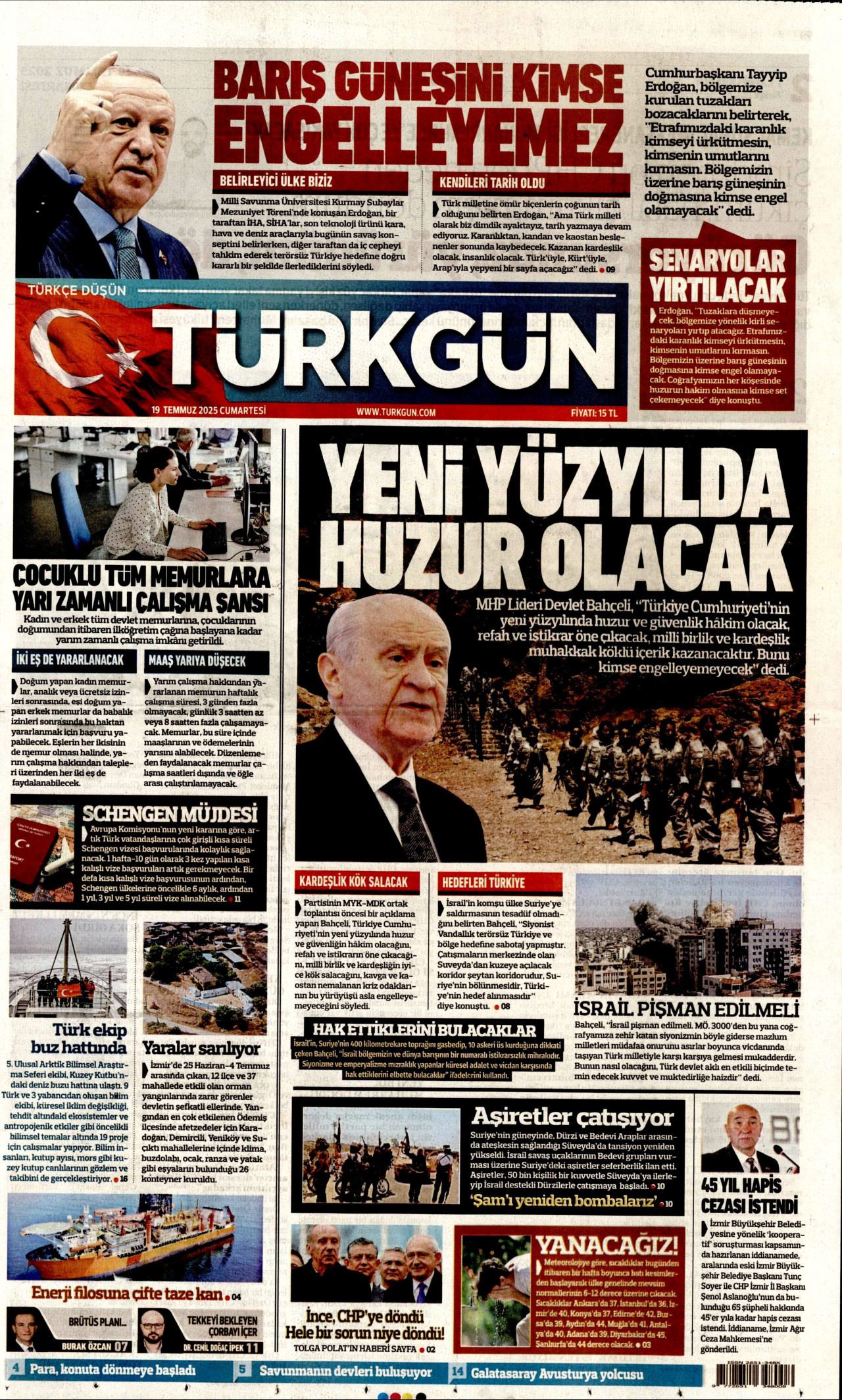 TÜRKGÜN gazetesinin 19 Temmuz 2025 tarihli birinci sayfası