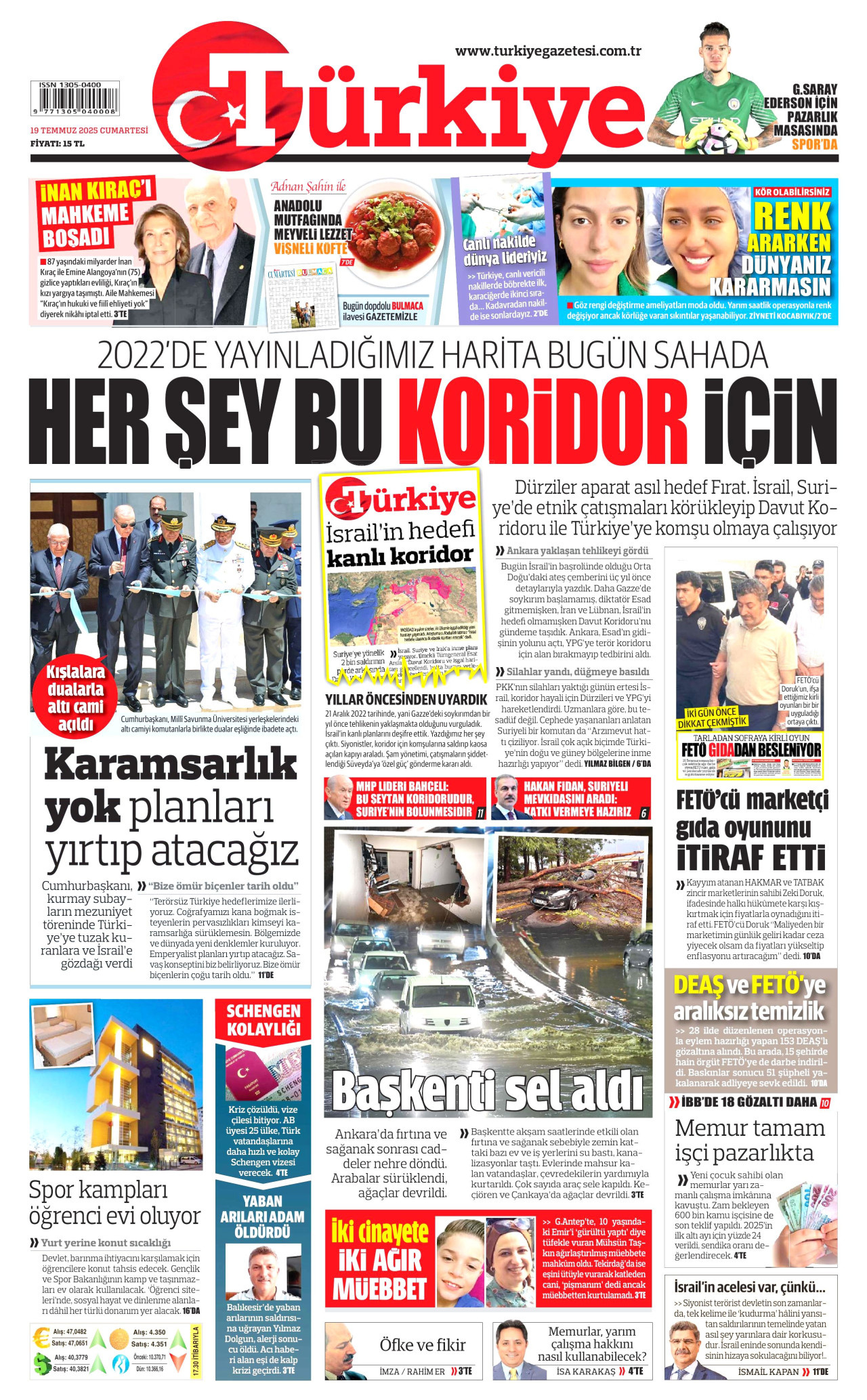 TÜRKİYE GAZETESİ gazetesinin 19 Temmuz 2025 tarihli birinci sayfası