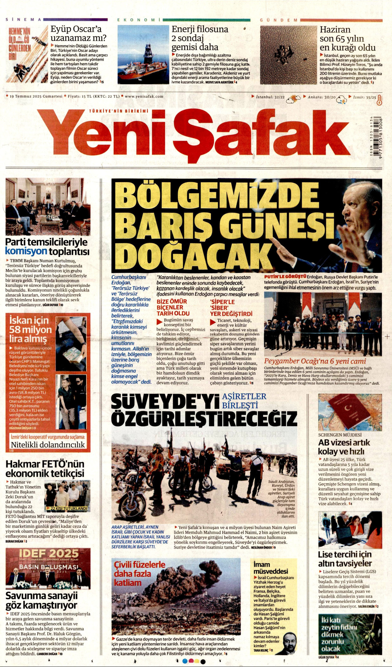 YENİ ŞAFAK gazetesinin 19 Temmuz 2025 tarihli birinci sayfası