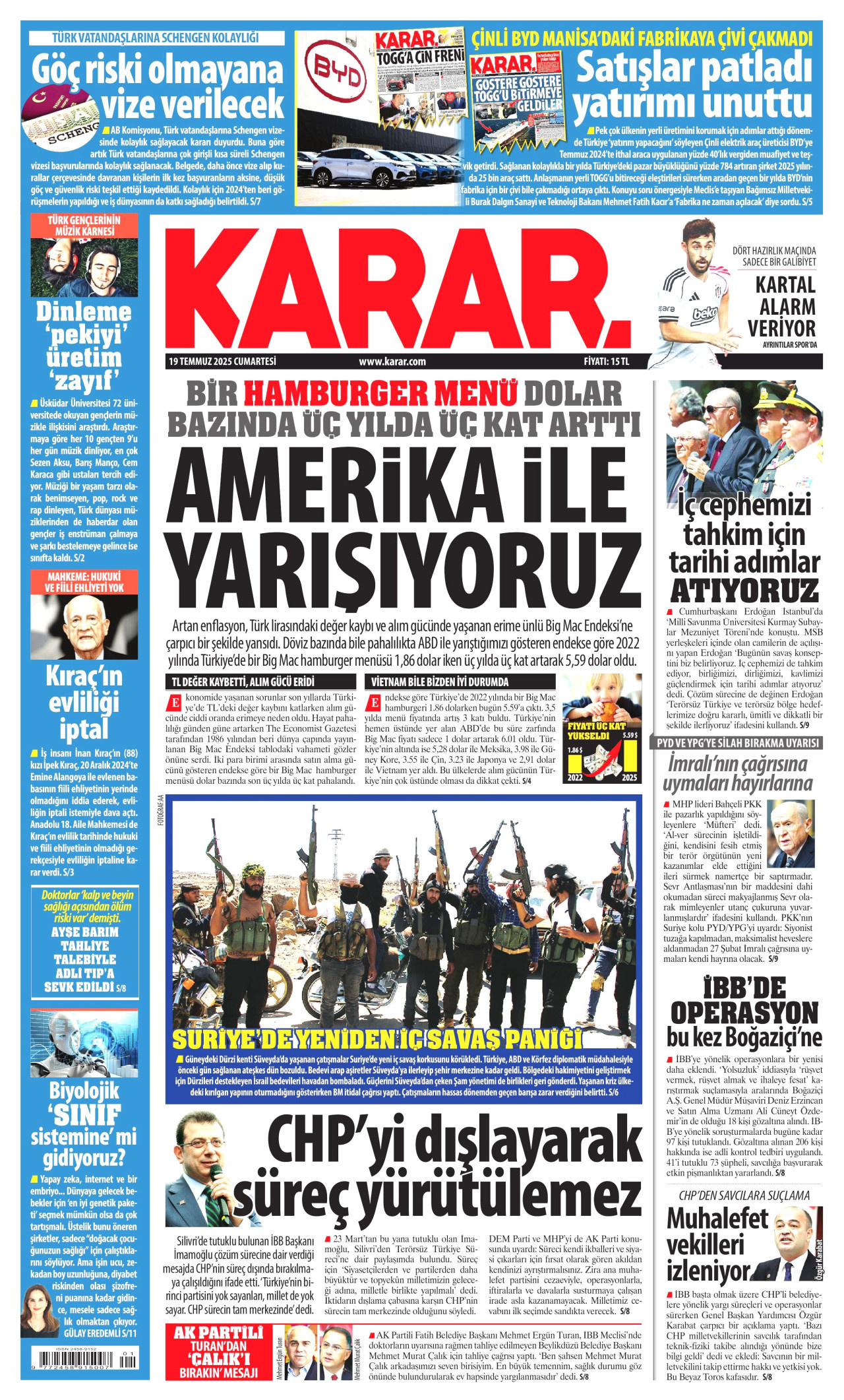 KARAR gazetesinin 19 Temmuz 2025 tarihli birinci sayfası