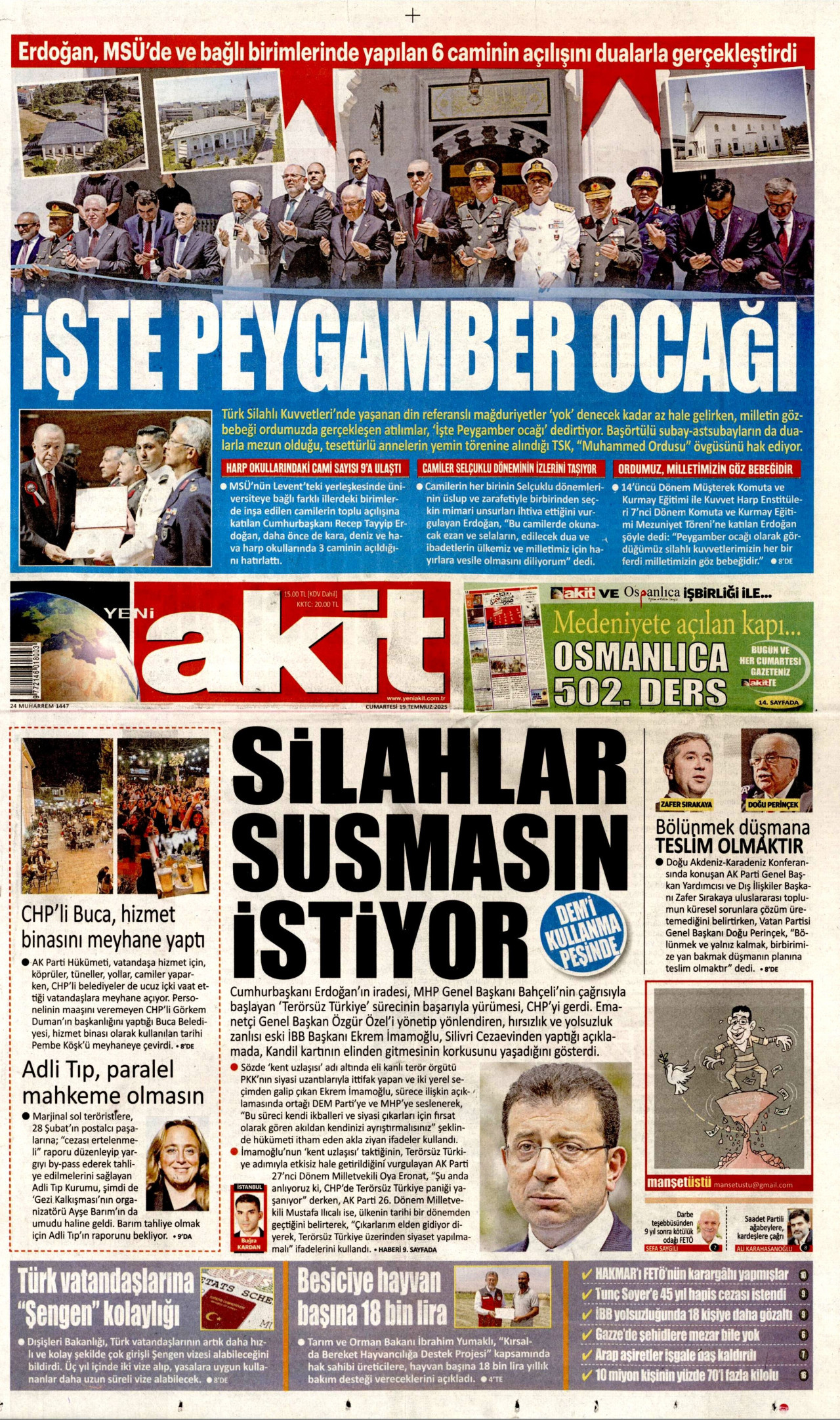 YENİ AKİT gazetesinin 19 Temmuz 2025 tarihli birinci sayfası