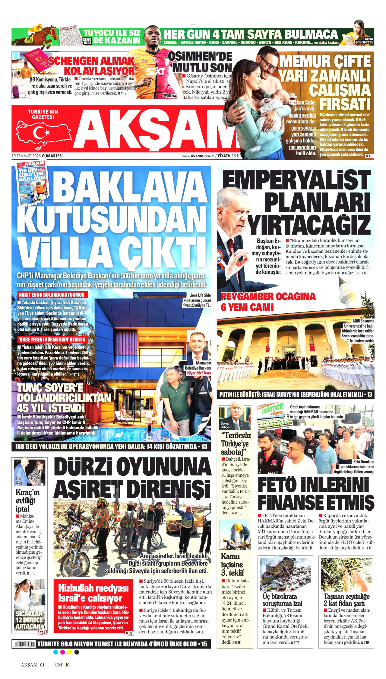 AKŞAM gazetesinin 19 Temmuz 2025 tarihli birinci sayfası